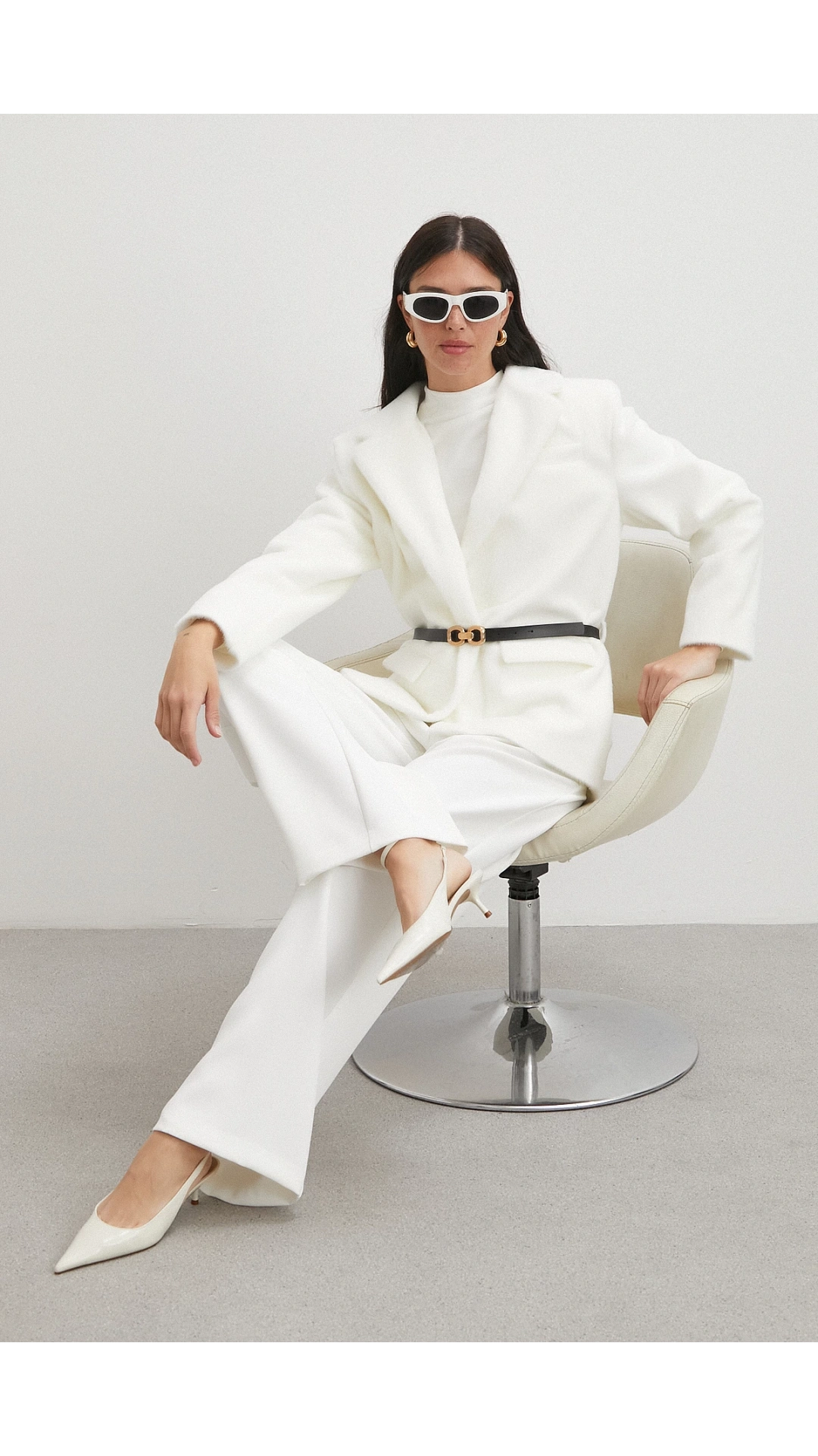 Kemerli Tay Flock Ceket Beyaz