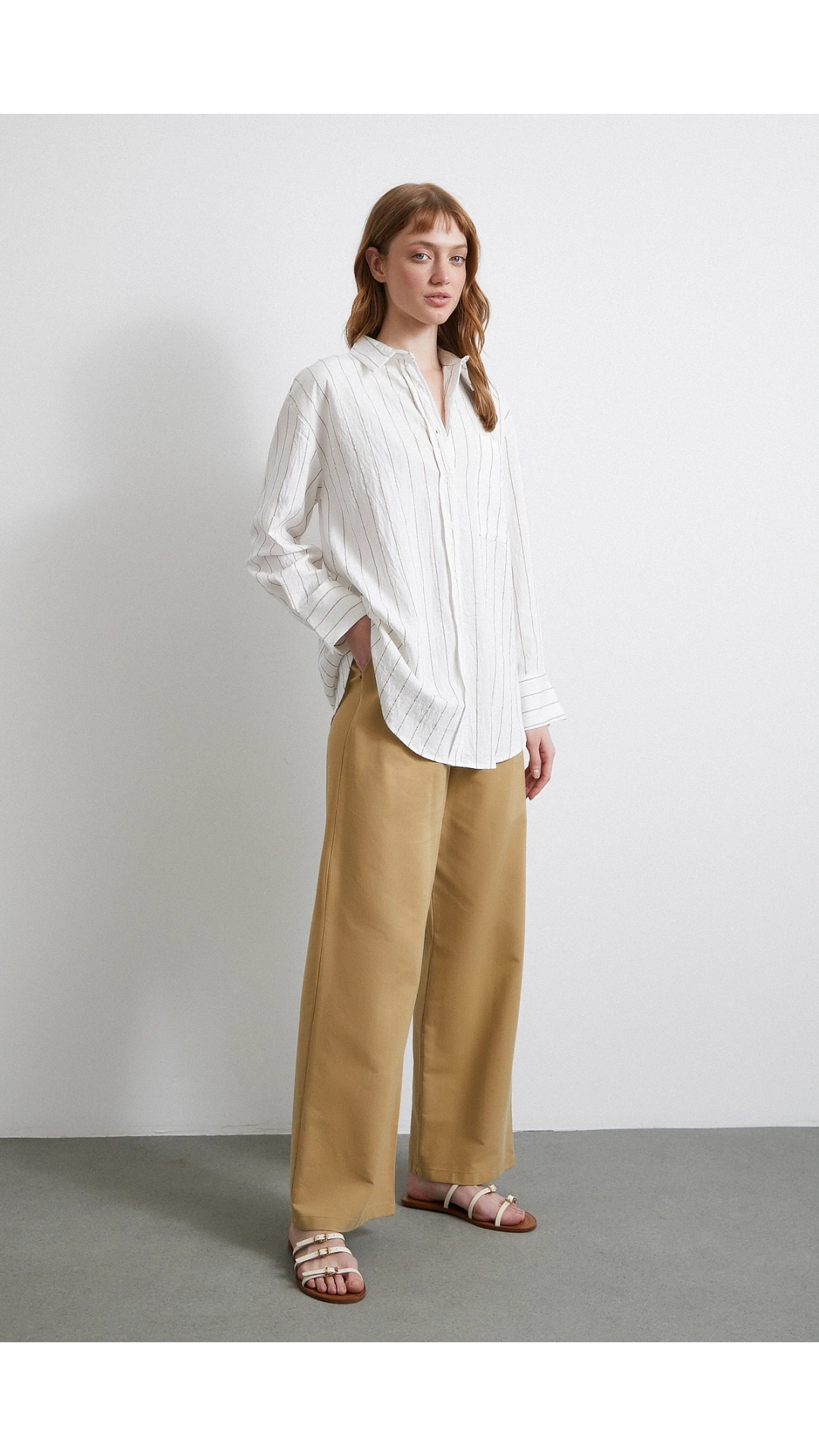 Çizgili Cepli Gömlek Bej