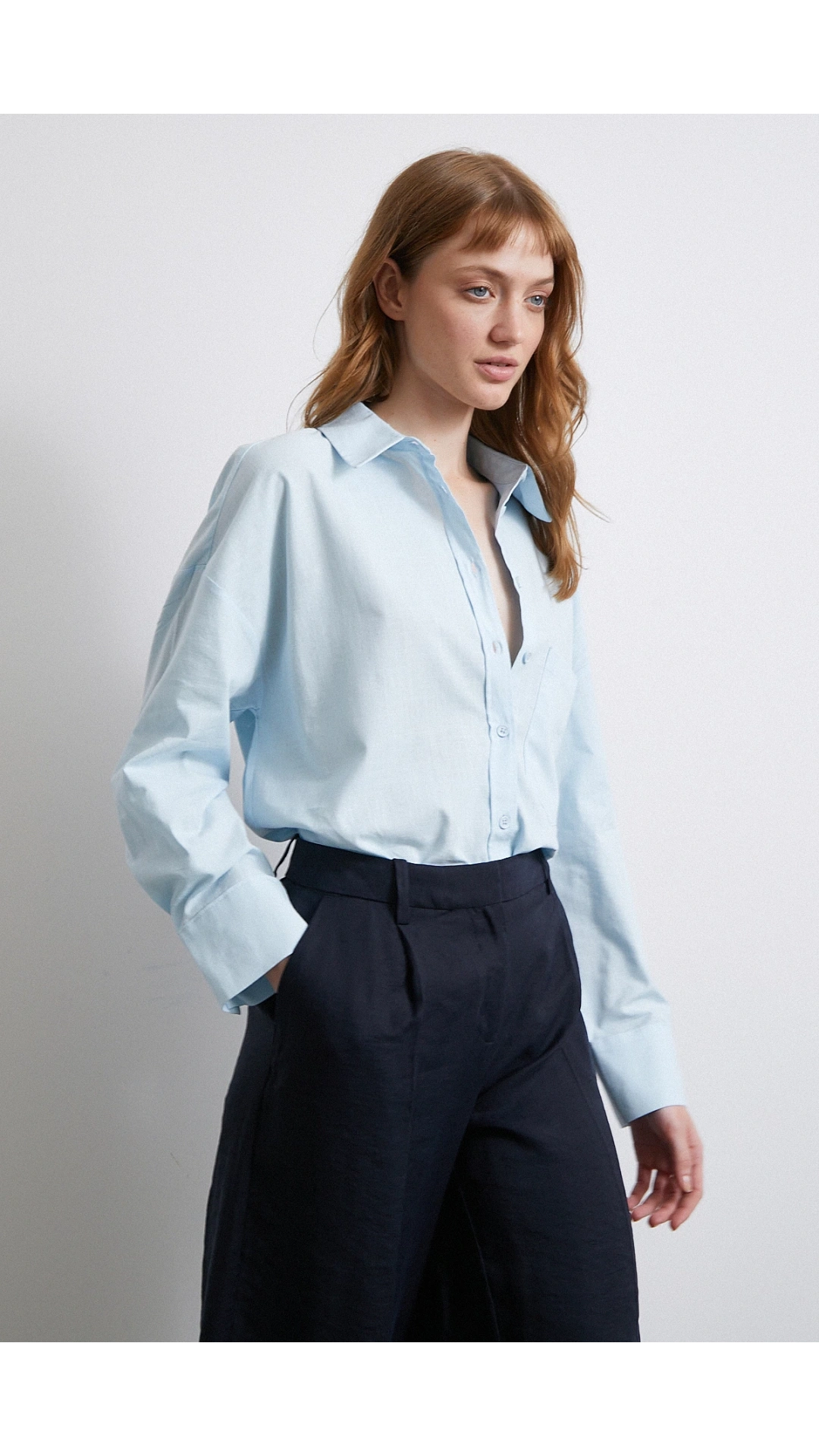 Keten Karışımlı Oversize Gömlek Mavi