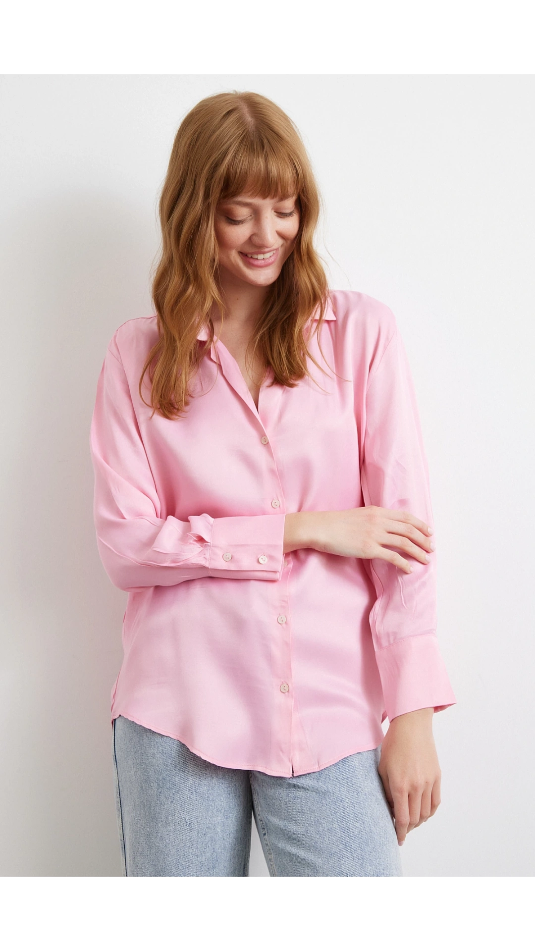 Viskon Saten Gömlek Pembe
