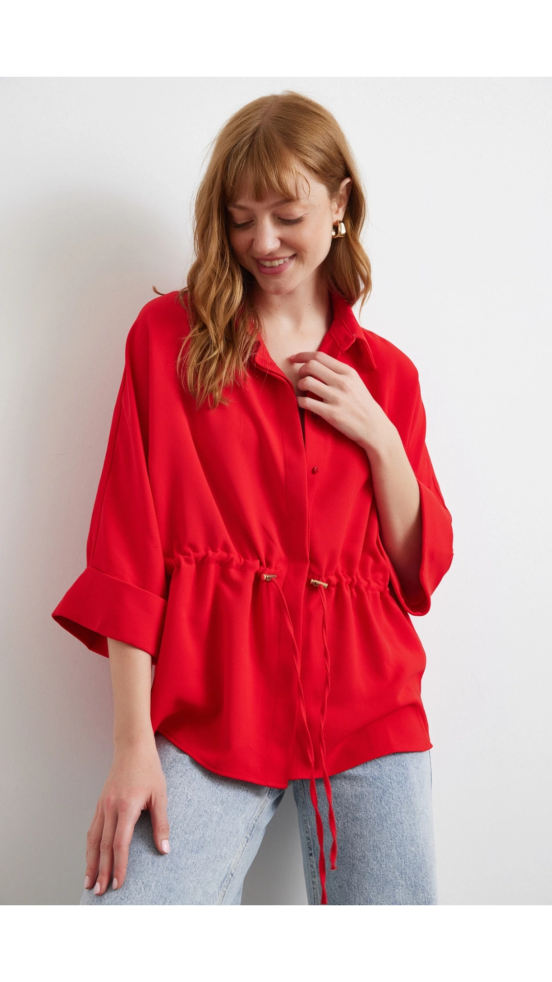Büzgülü Kimono Gömlek Kırmızı