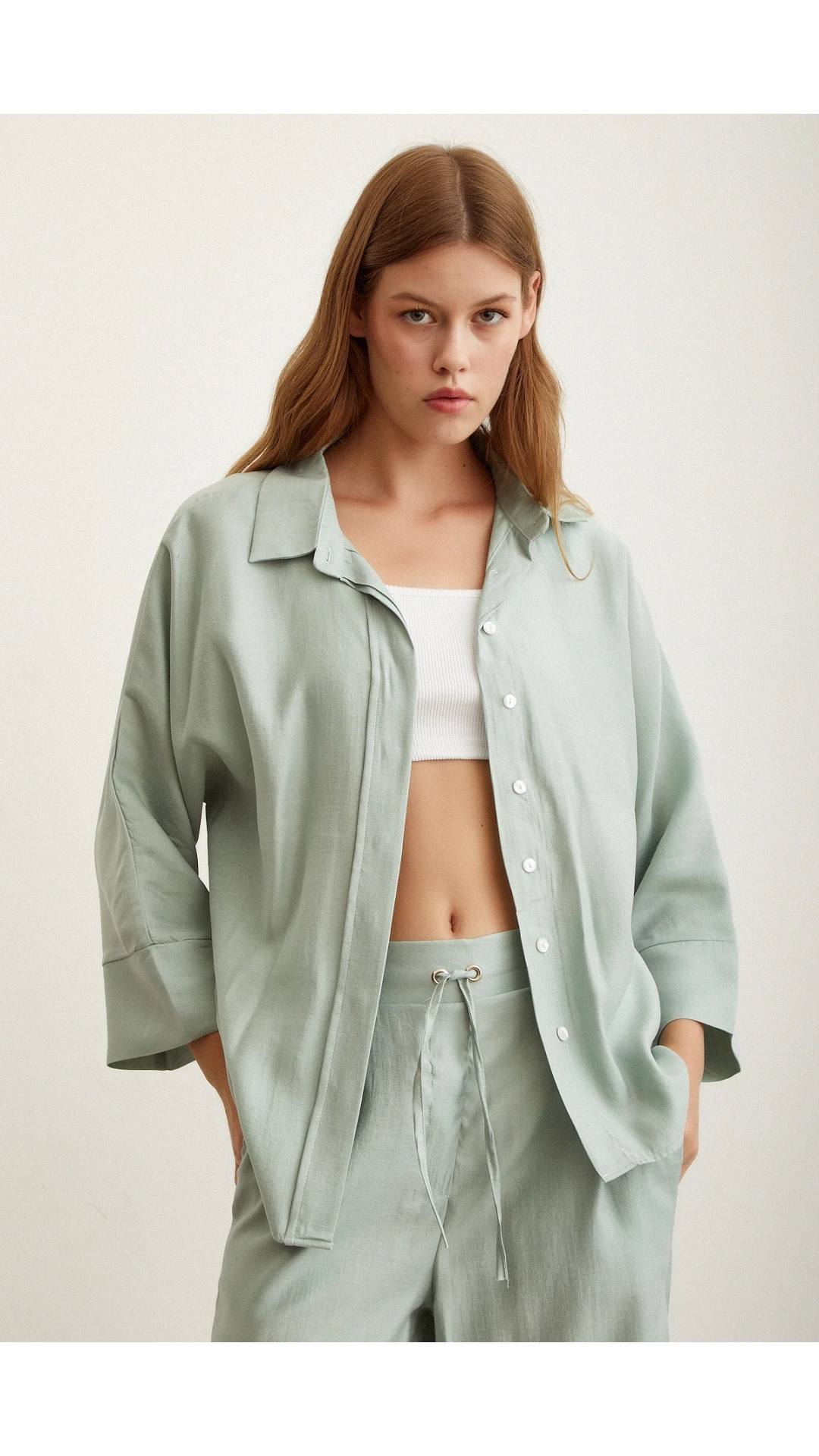 Yarasa Kol Keten Gömlek Mint