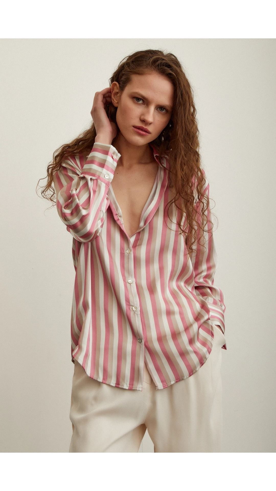 Çizgili Saten Gömlek Pembe