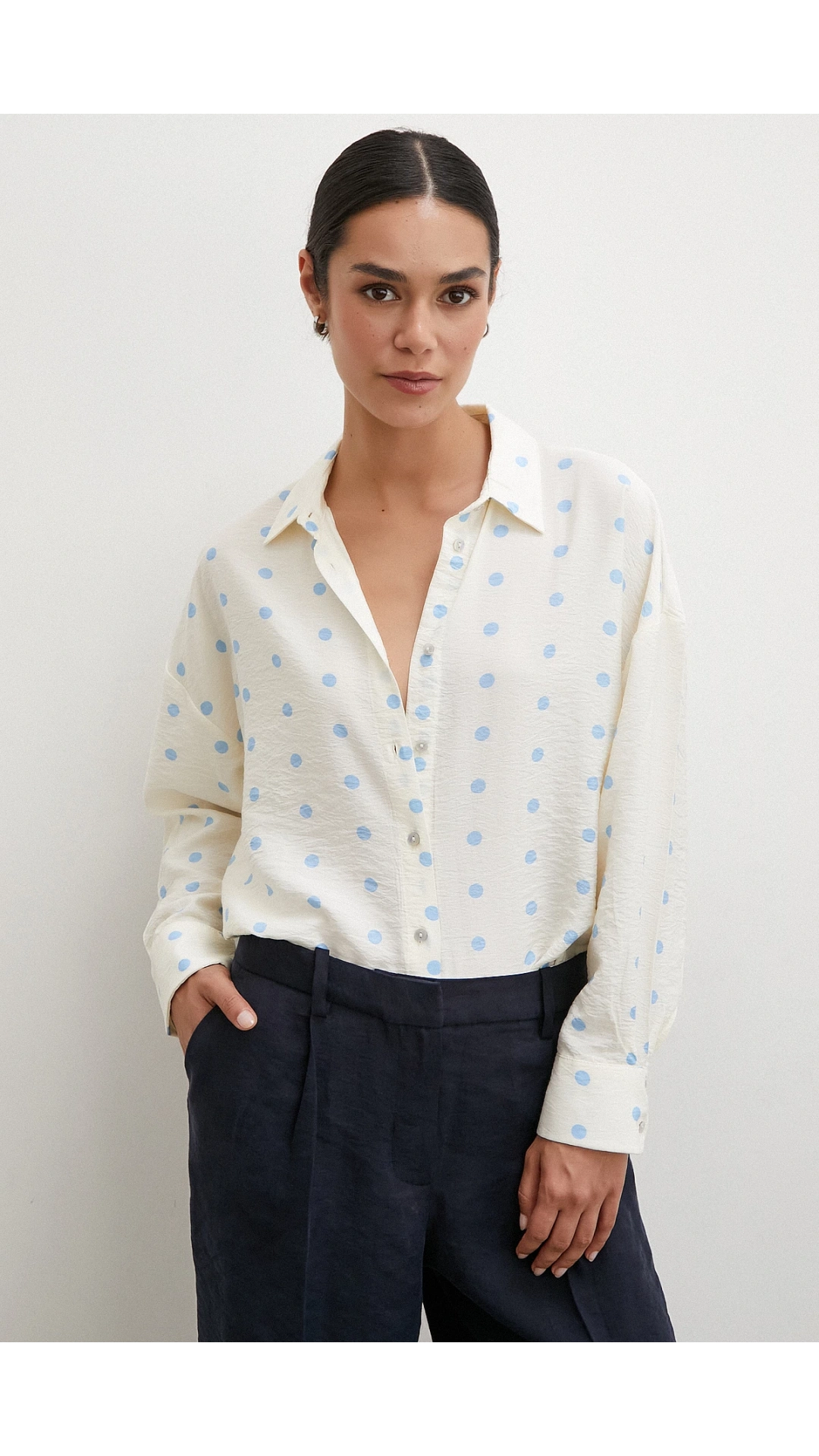 Puantiyeli Oversize Gömlek Ekru