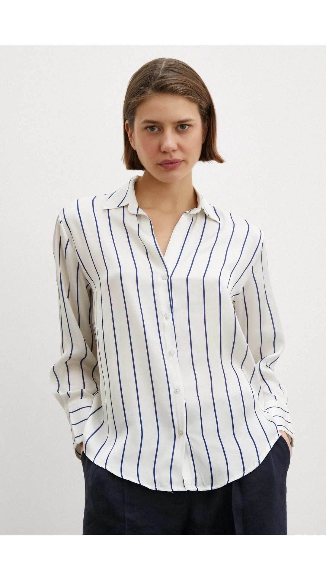 İnce Çizğili Şifon Gömlek Ekru