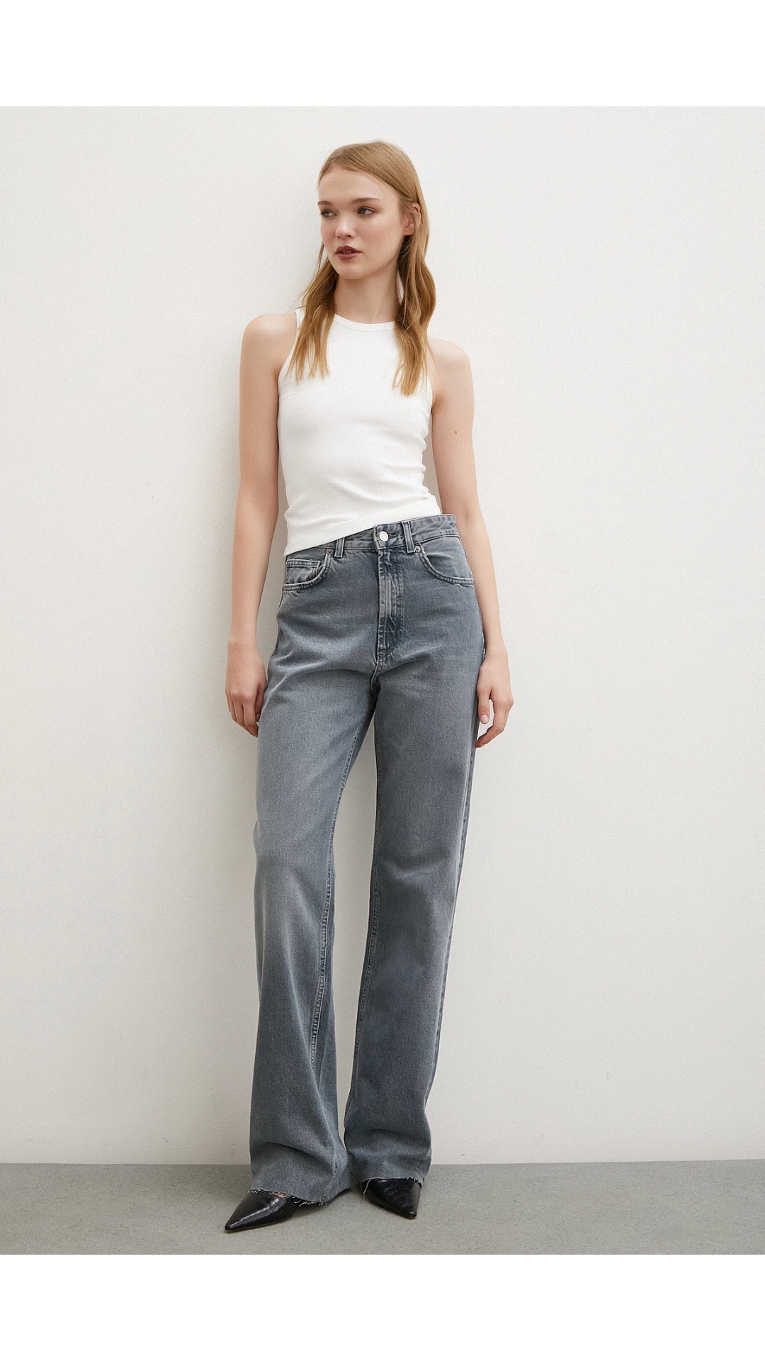 Yüksek Bel Kesik Paça Wide Leg Jean Füme