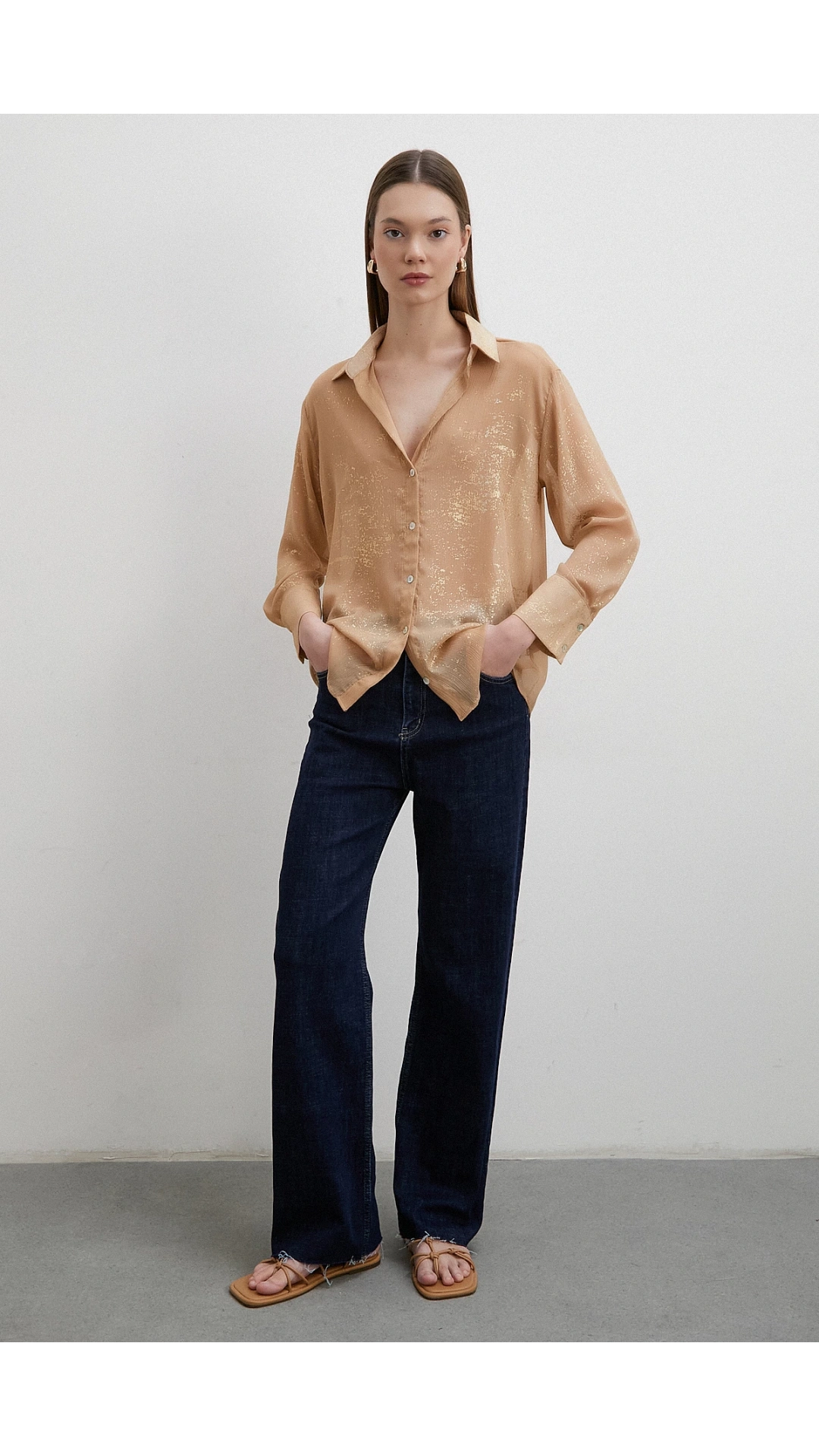 Simli V Yaka Gömlek Gold