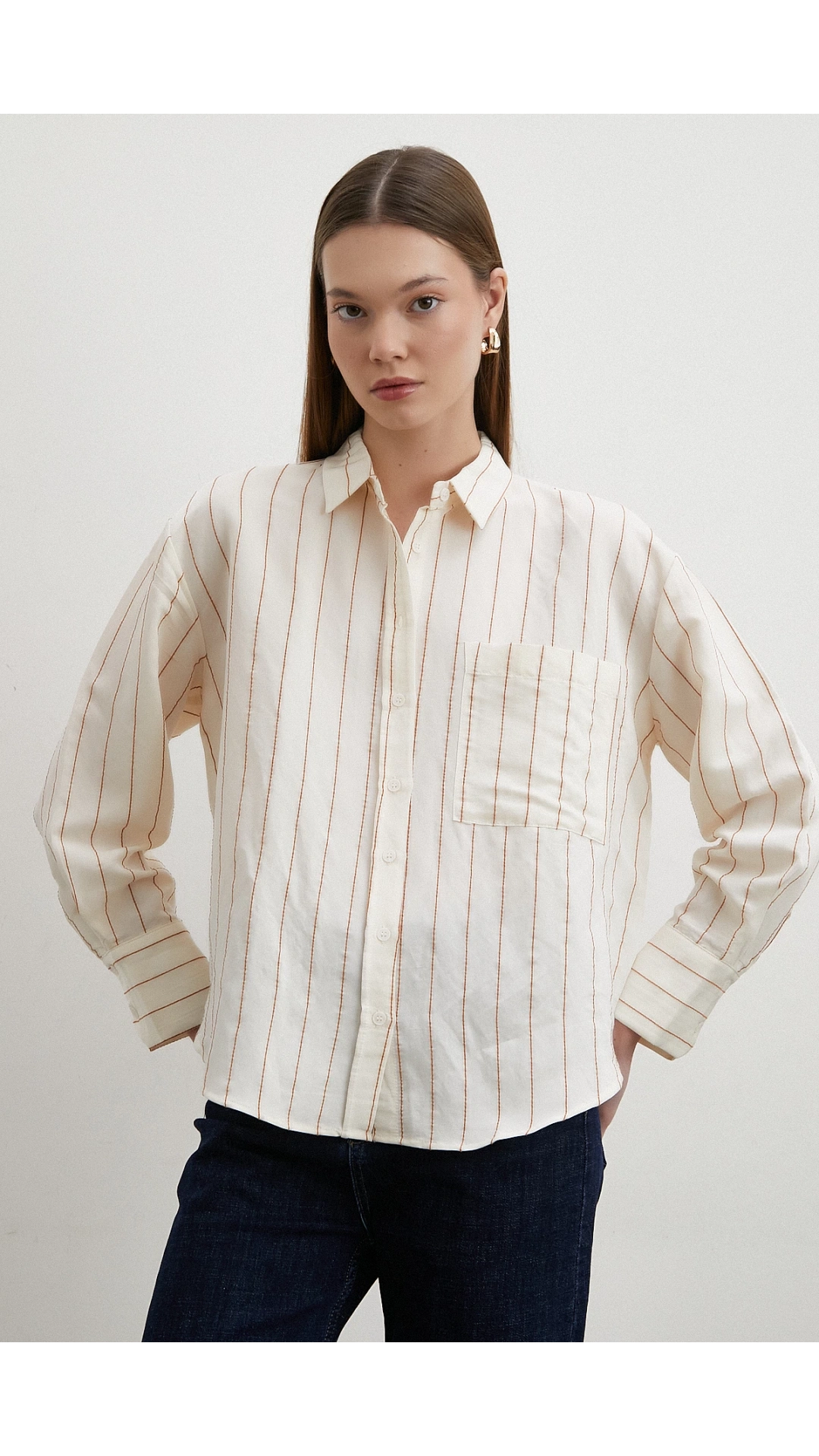 Kontrast Çizgili Modal Gömlek Kahve