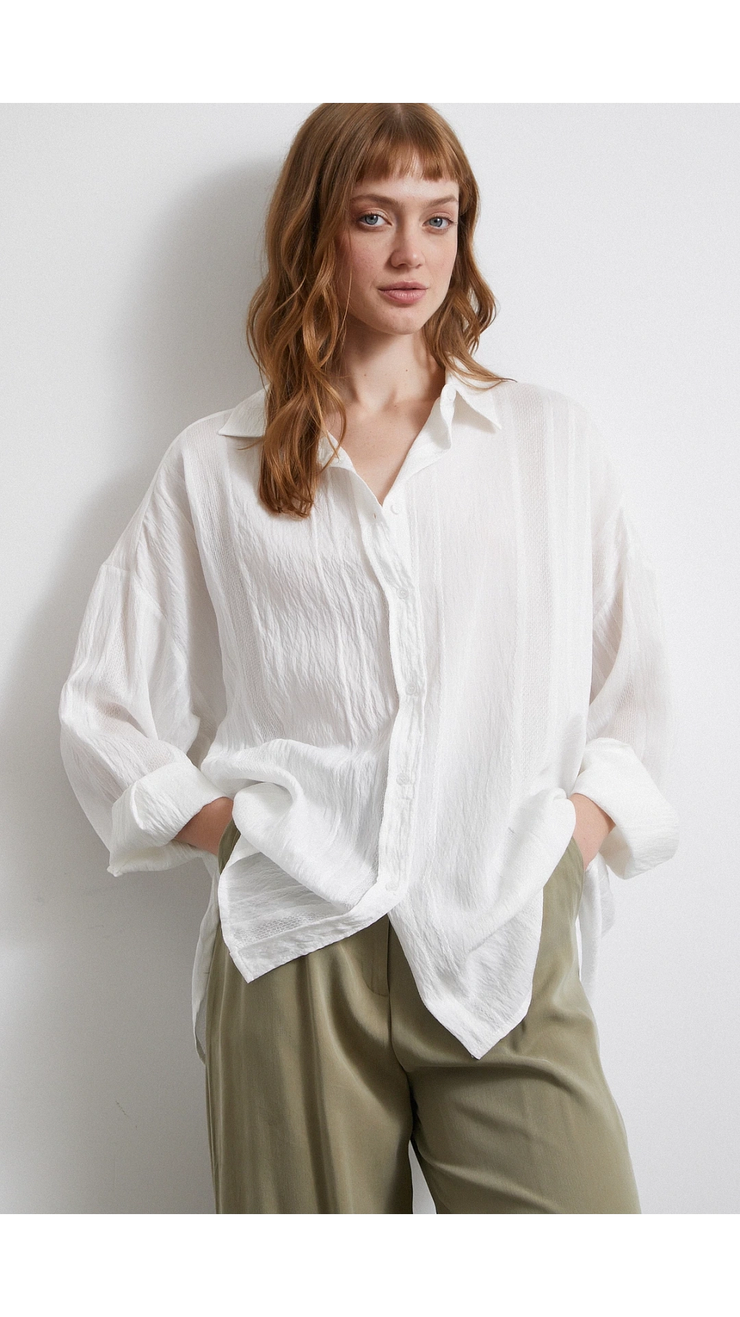 Dantel Detaylı Transparan Pamuklu Gömlek Beyaz