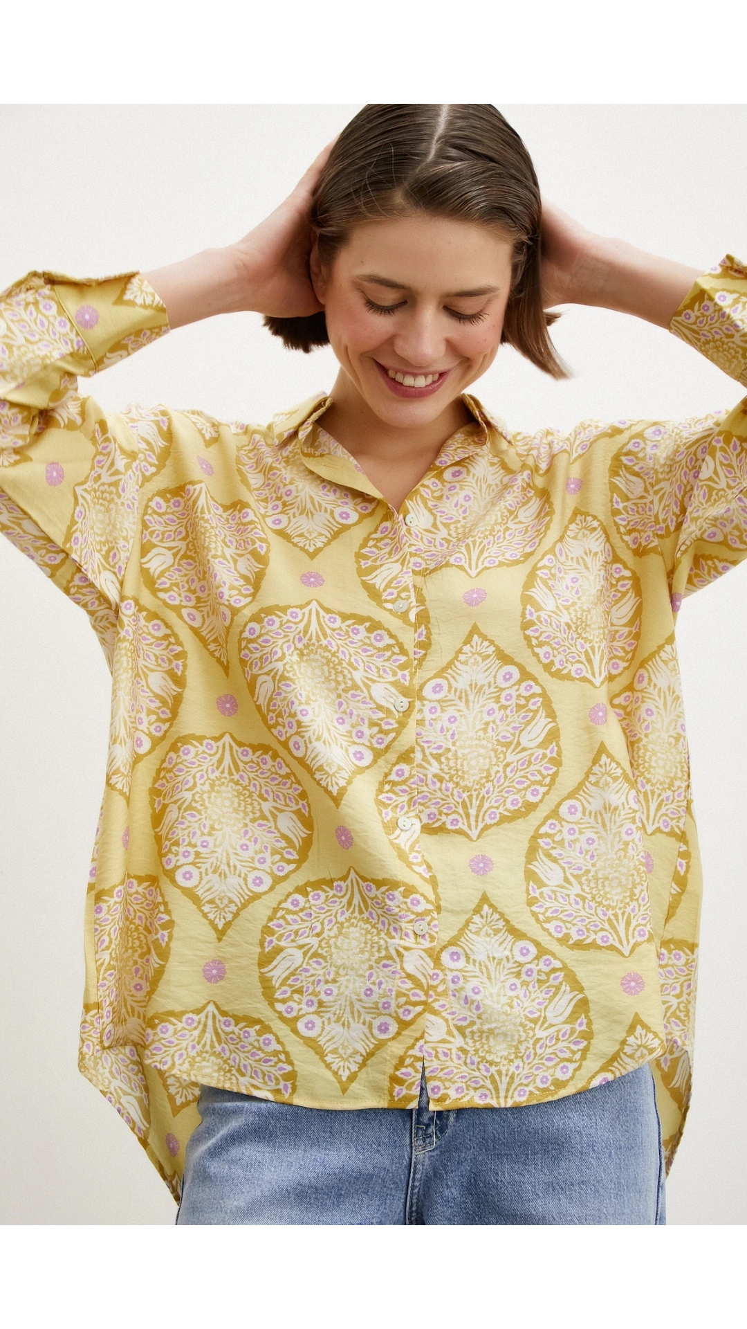 Çini Desenli Modal Gömlek Sarı