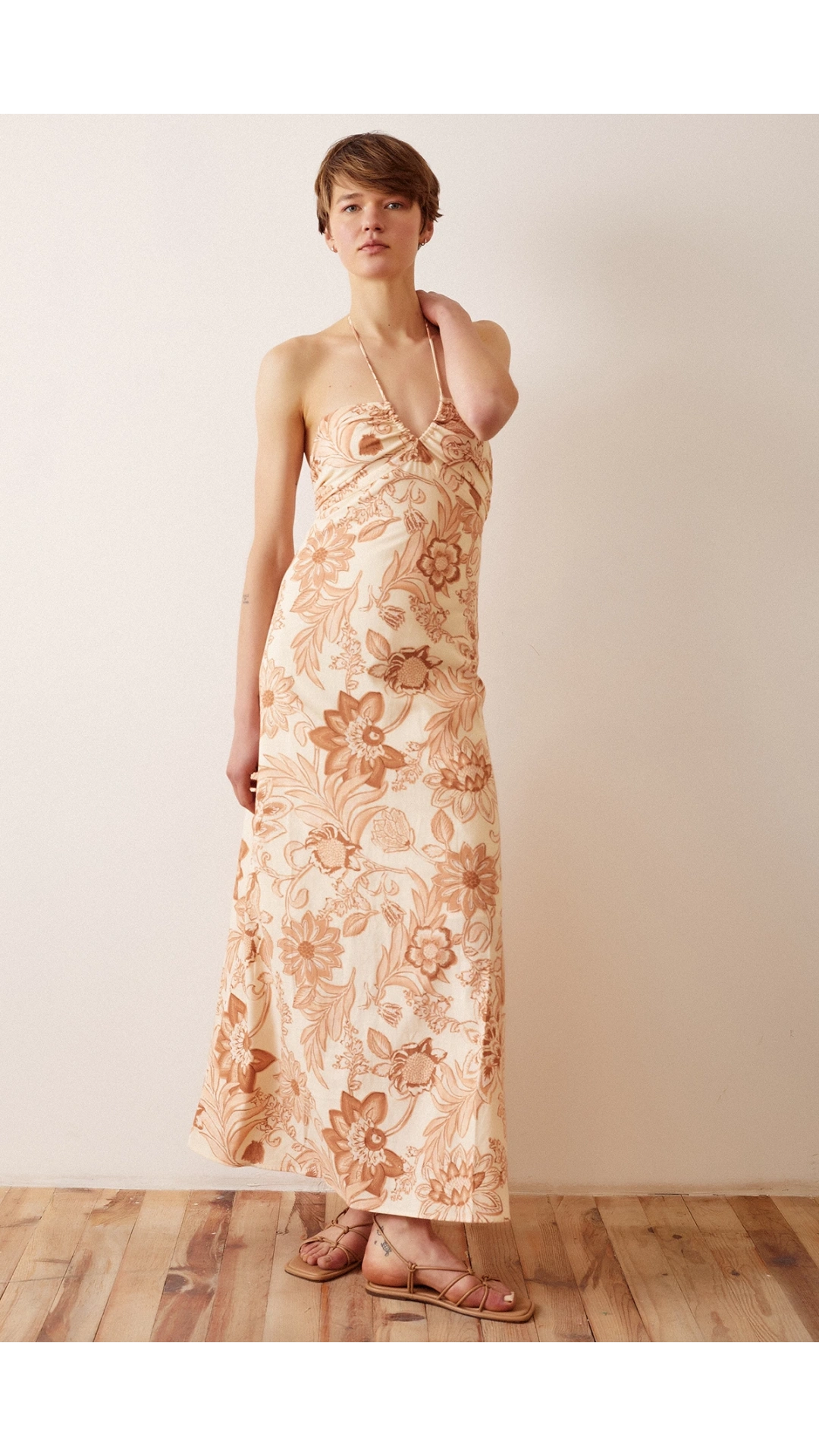 Çiçek Desenli Askılı Elbise Sarı