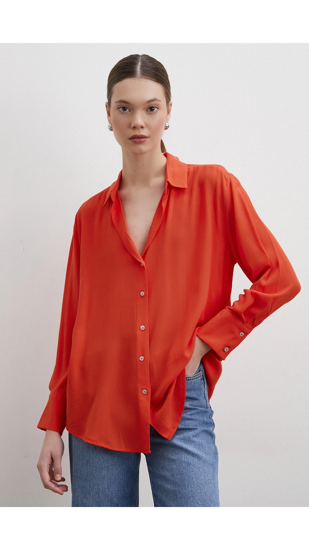 V Yaka Viskon Gömlek Oranj