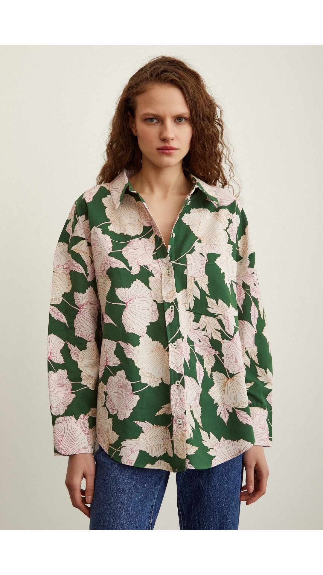Gül Desenli Poplin Gömlek Yeşil