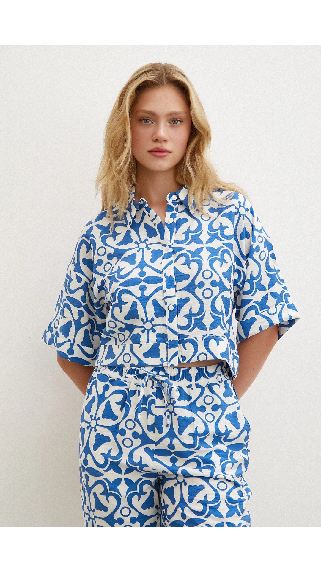 Kısa Kollu Crop Gömlek Mavi