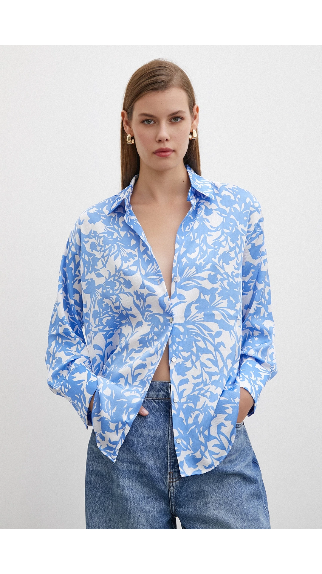 Desenli Gofret Saten Gömlek Açık Mavi