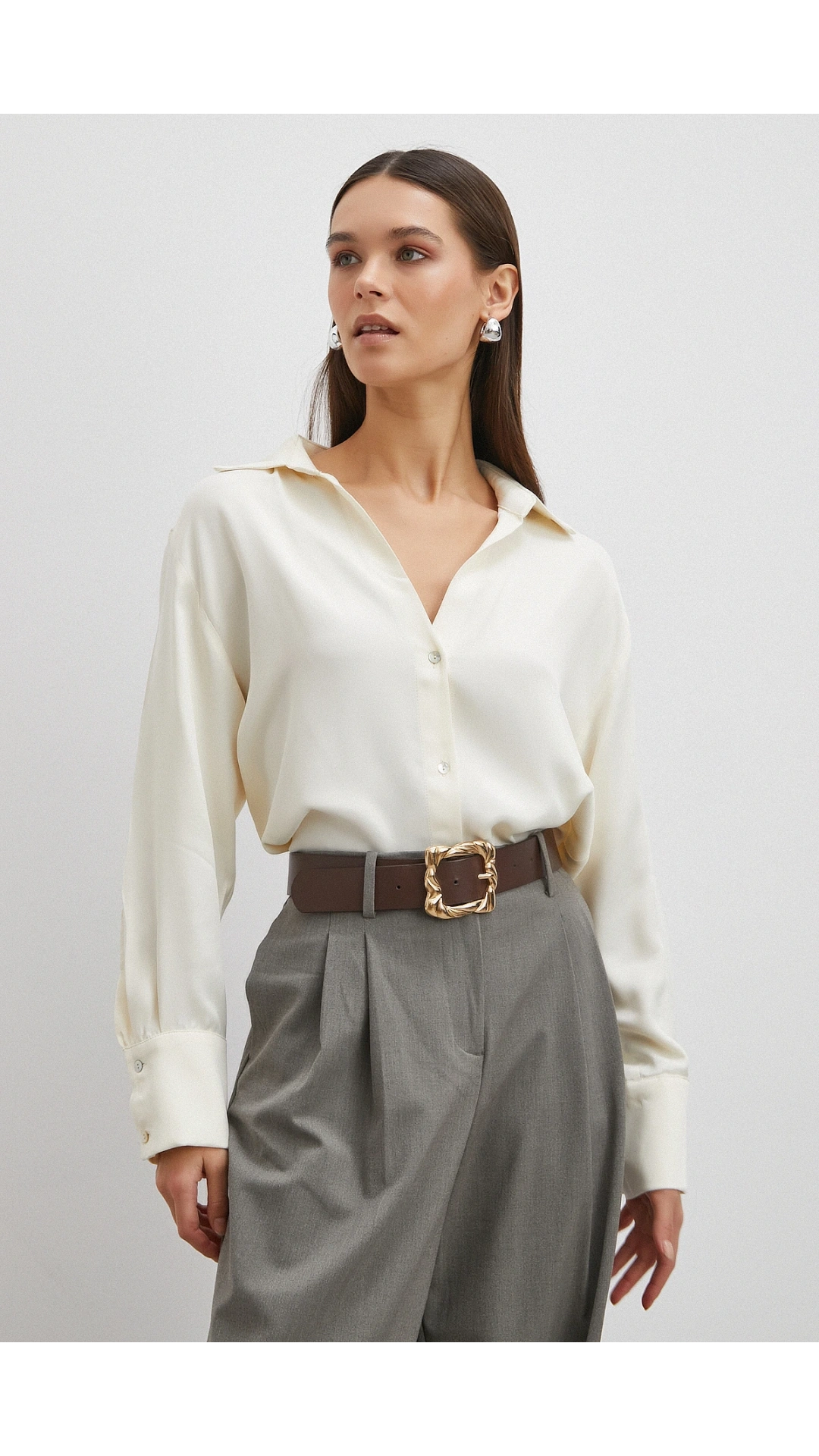 Viskon Saten Gömlek Ekru