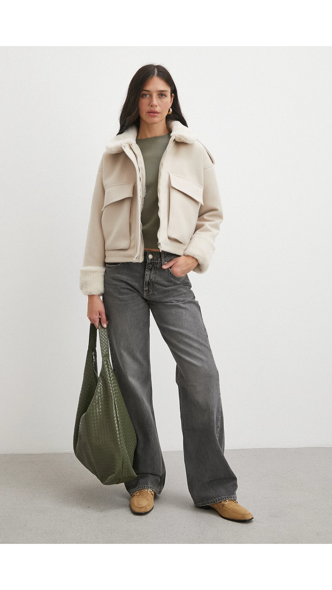 Apoletli Yünlü Körük Cepli Kaşe Mont Bej