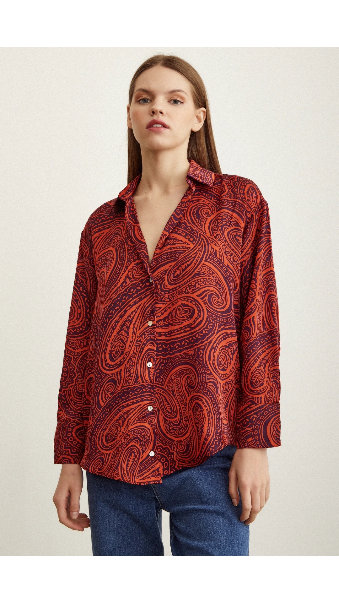 Desenli Saten Gömlek Turuncu