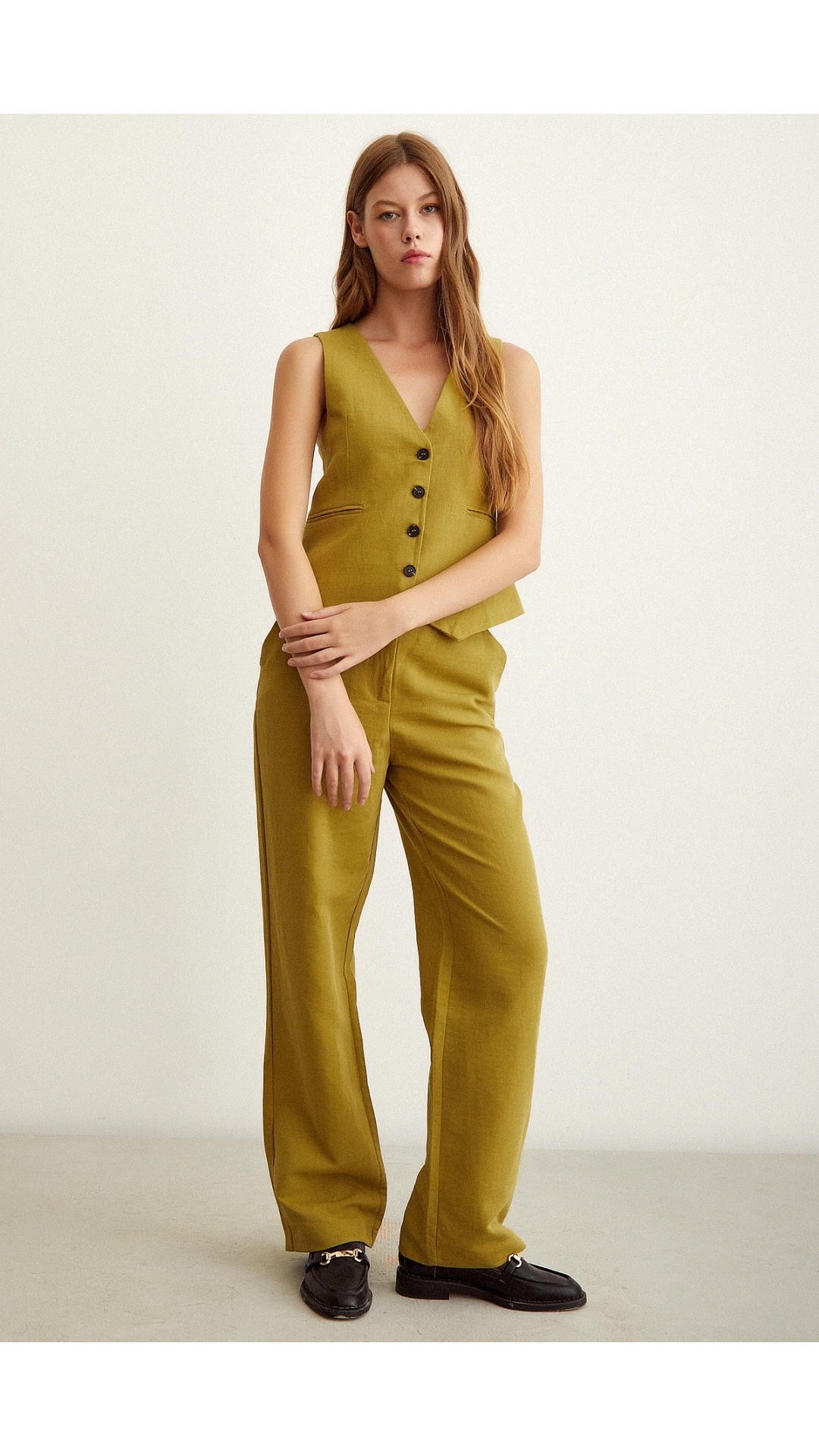 Yüksek Bel Keten Pantolon Yağ Yeşili