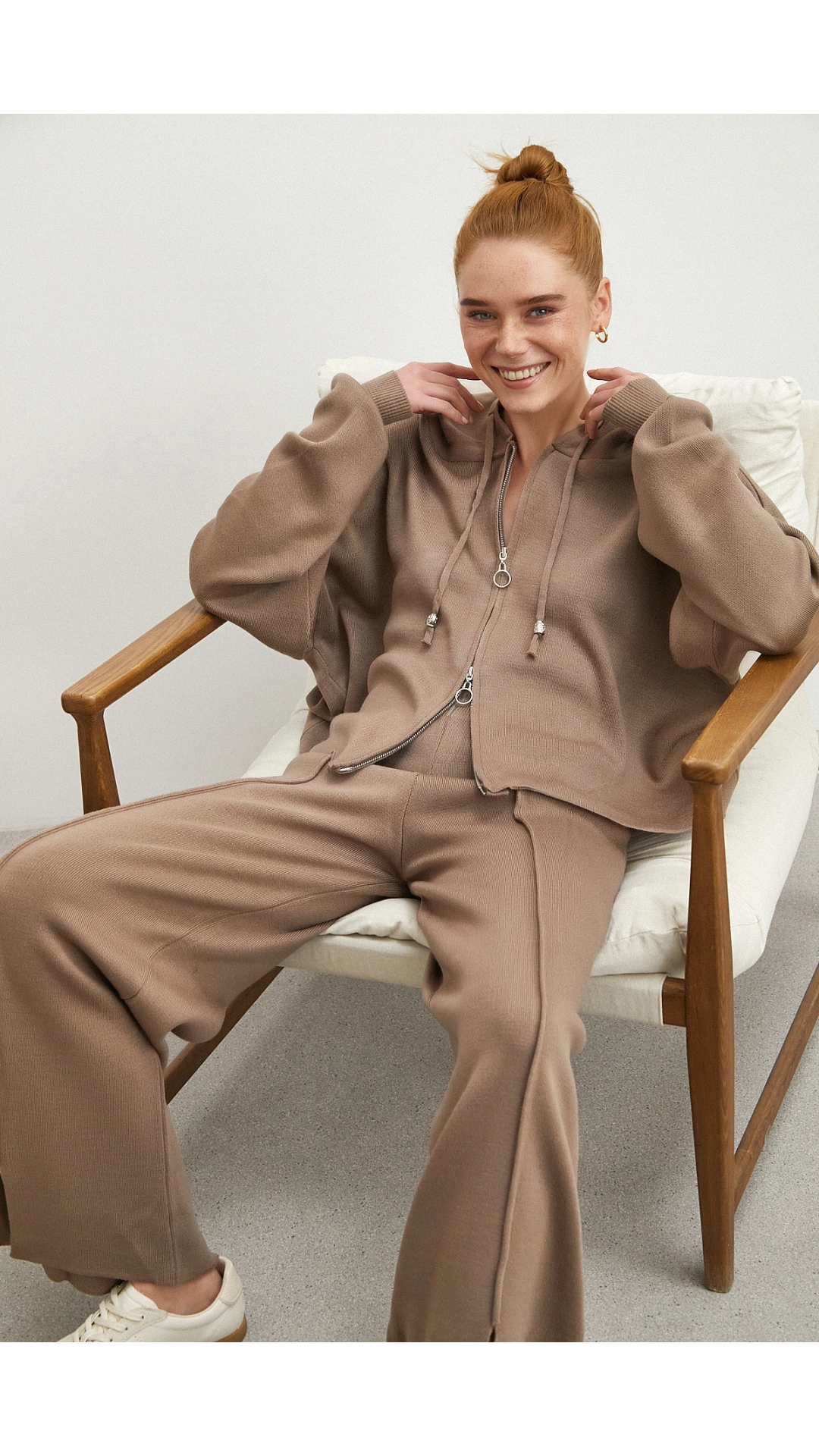 Çift Fermuarlı Kapüşonlu Pantolonlu Takım Vizon