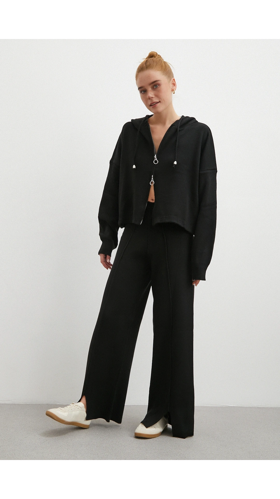 Çift Fermuarlı Kapüşonlu Pantolonlu Takım Siyah