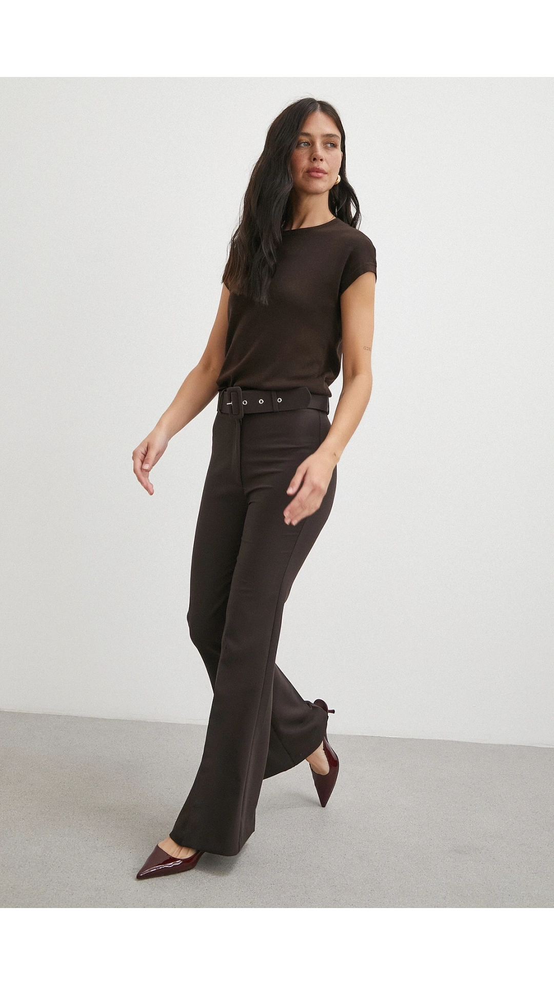 Kemerli İspanyol Paça Pantolon Kahve