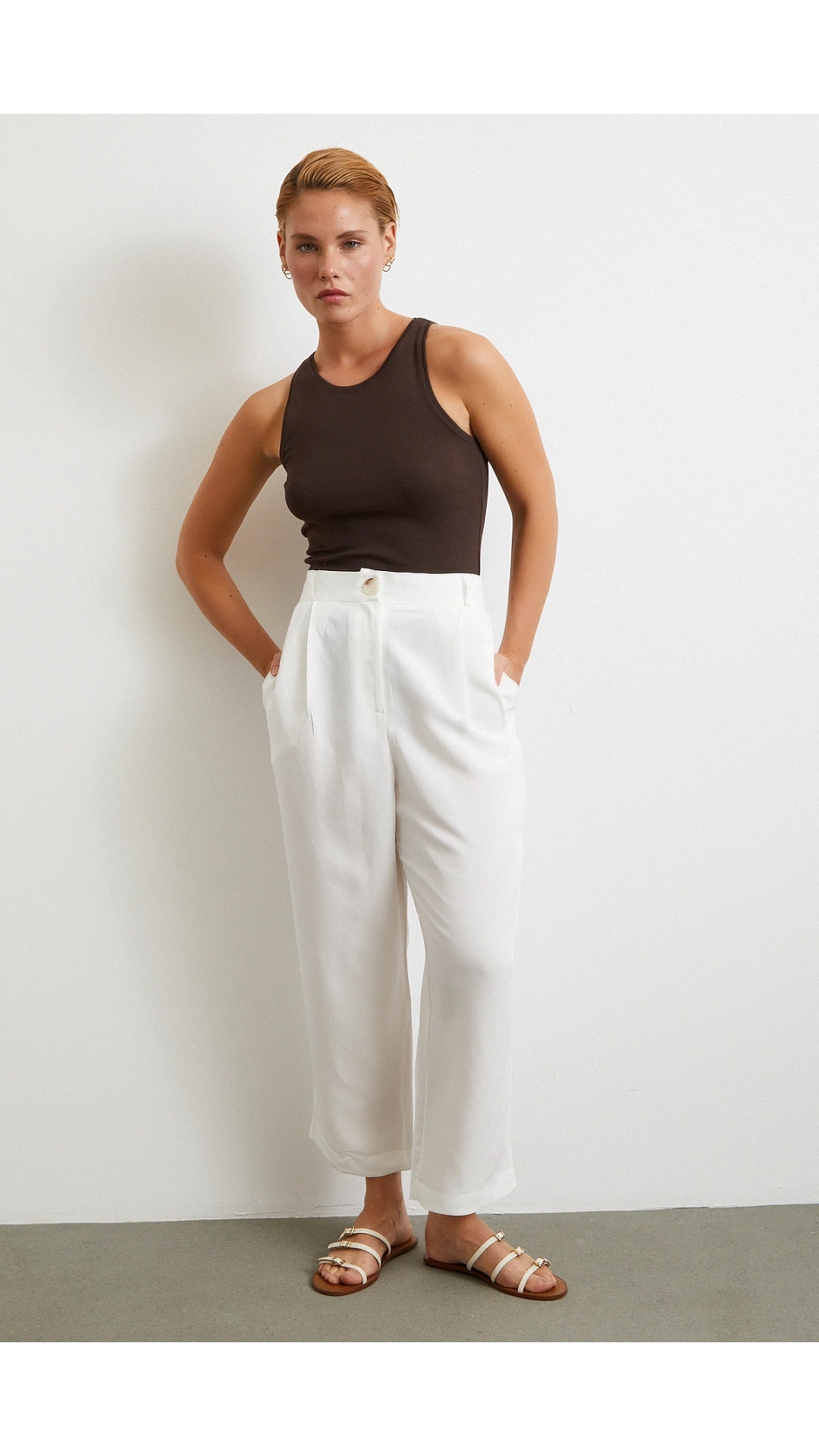 Çift Pileli Keten Pantolon Krem