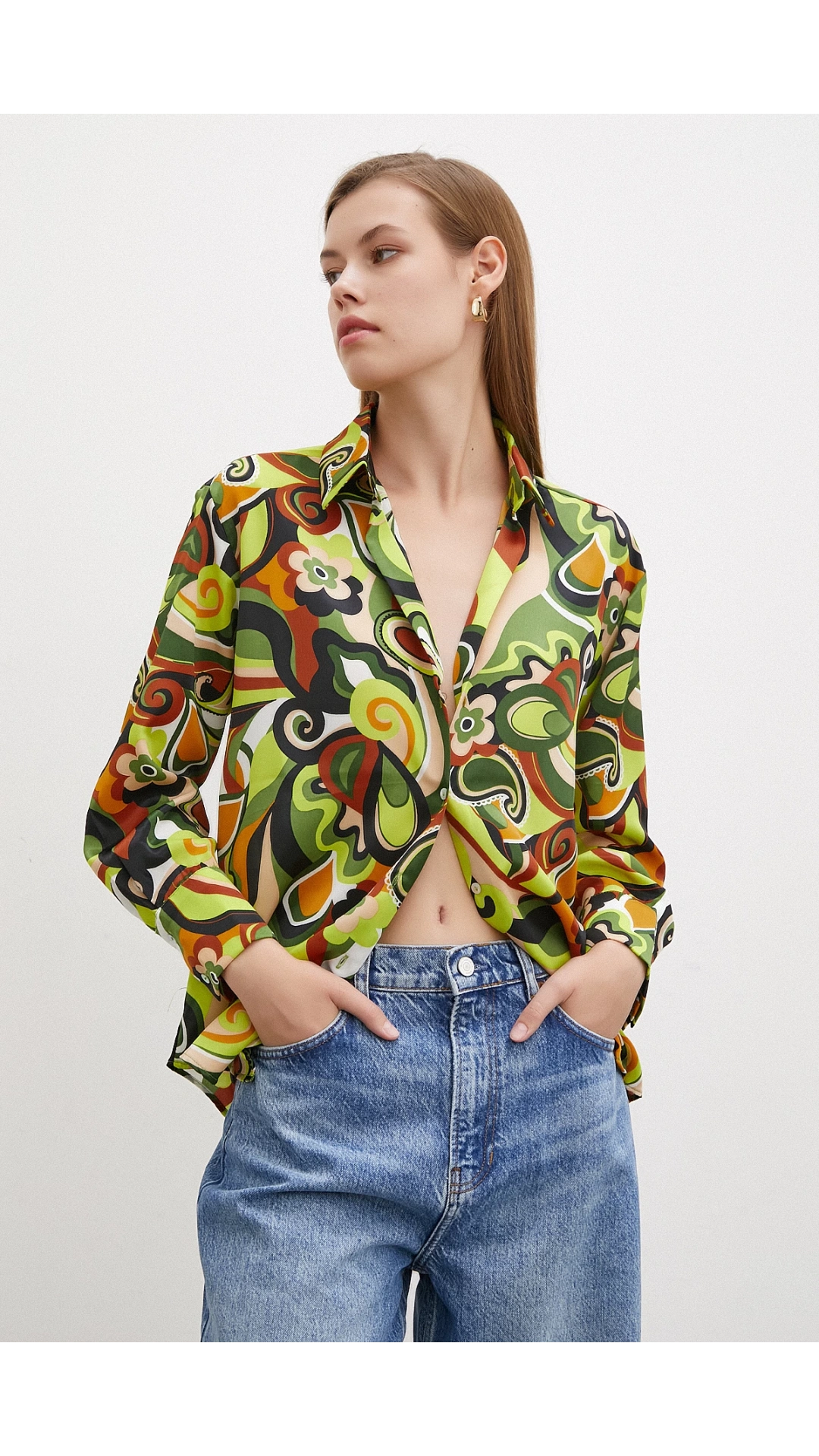 Ebruli Desenli Saten Gömlek Yeşil