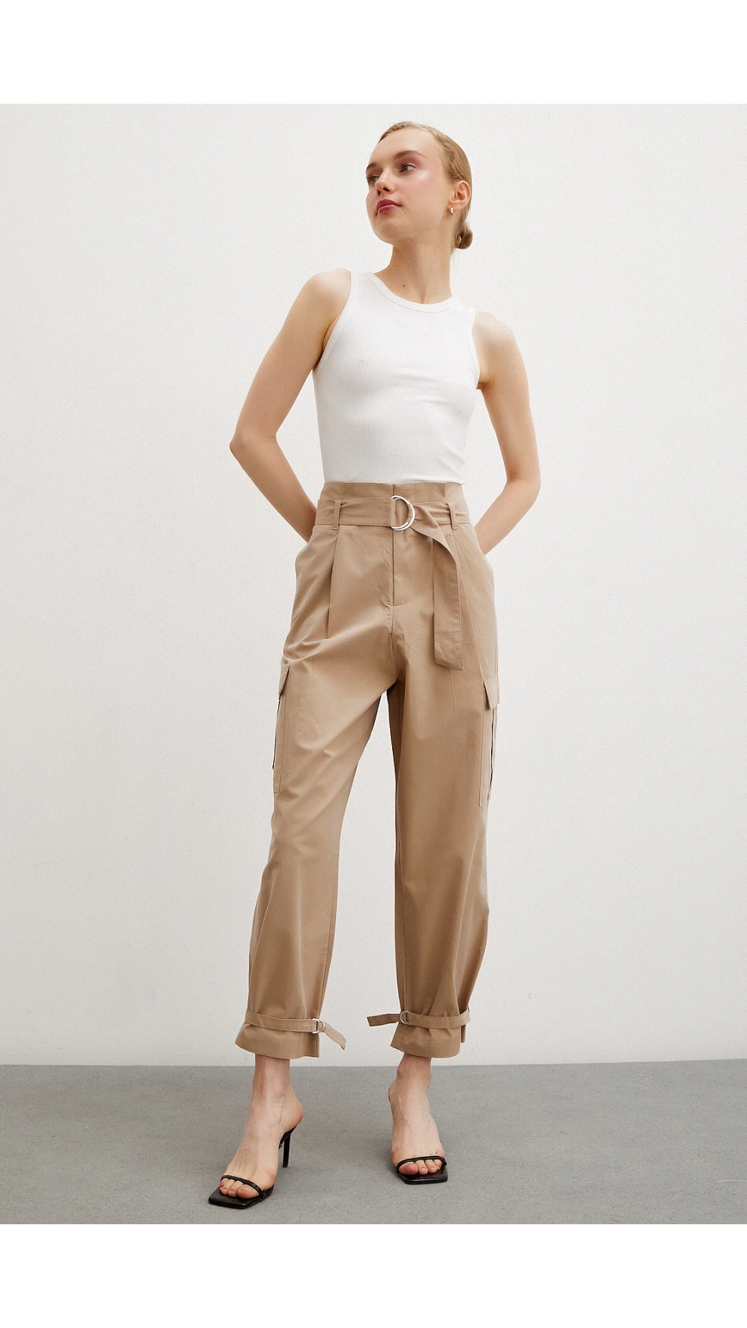 Bel Pileli Kargo Cep Pantolon Bej