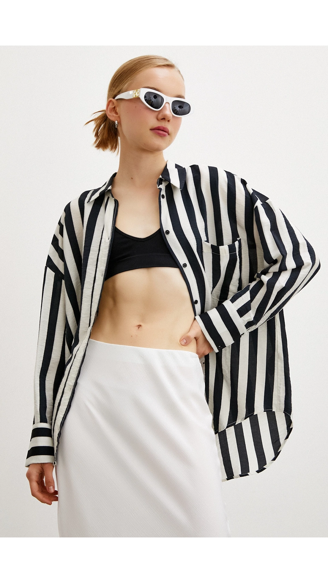 Poplin Çizgili Gömlek Ekru