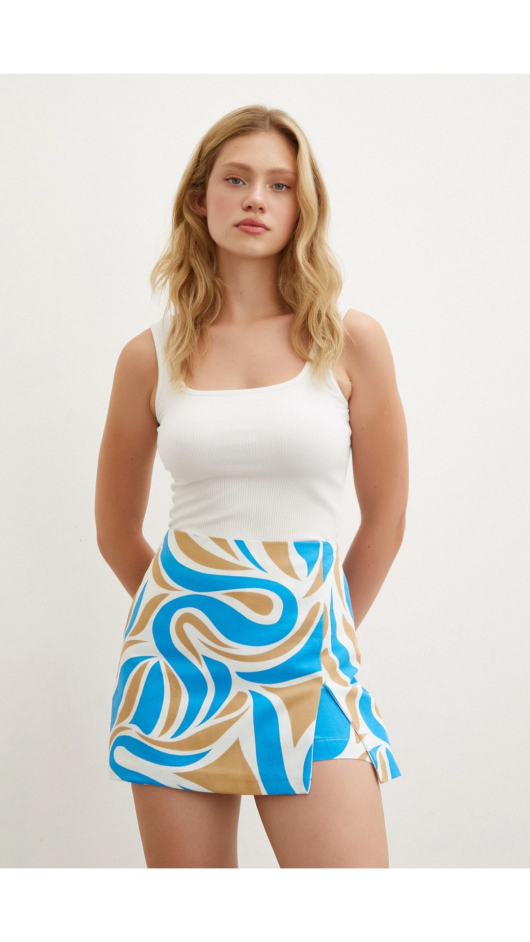 Desenli Şort Etek Mavi