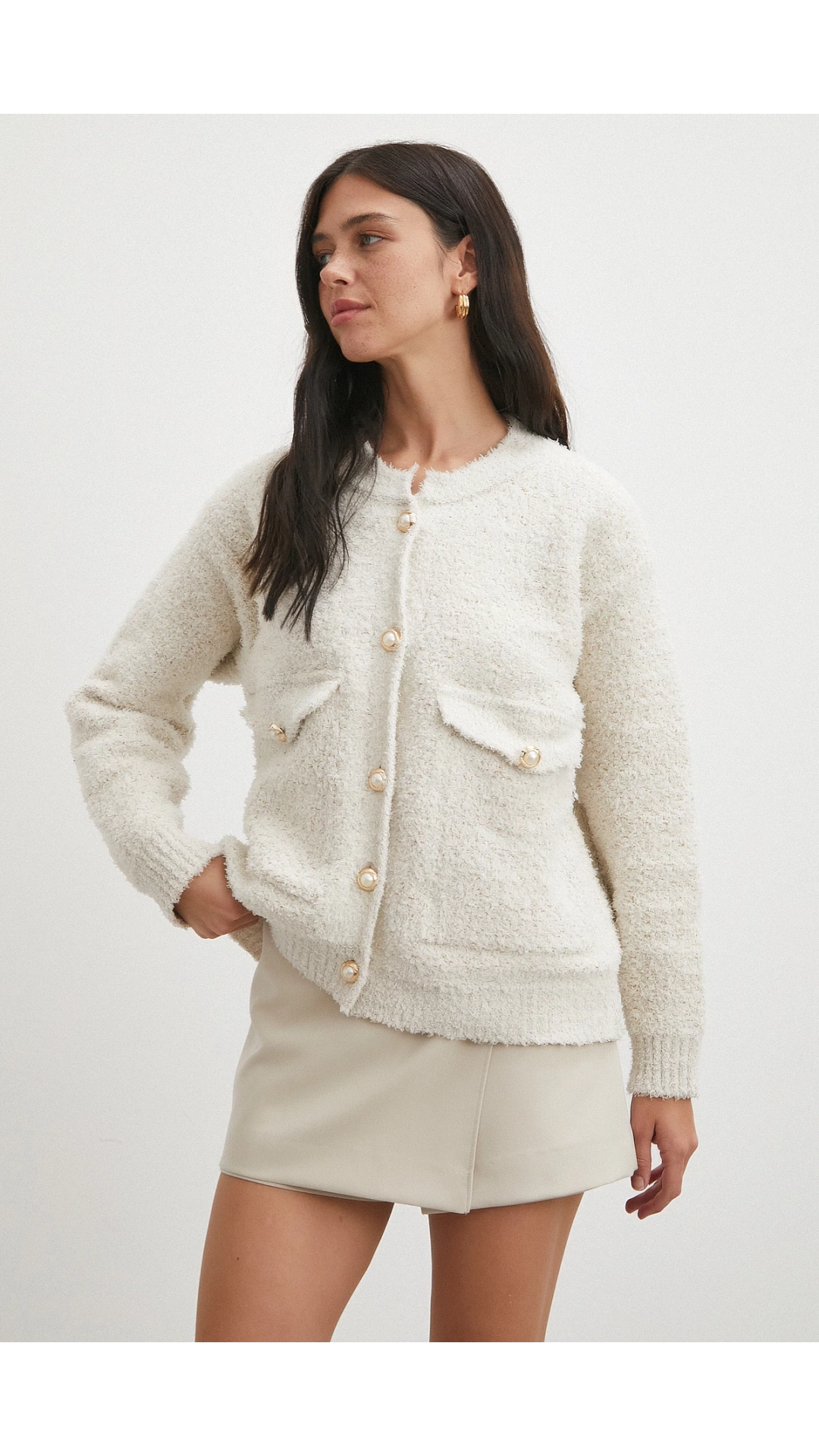 Cepli Düğmeli Simli Hırka Ekru