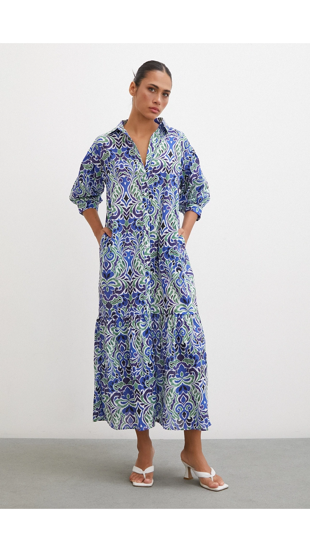 Önü Düğmeli Fakir Kol Elbise Lacivert