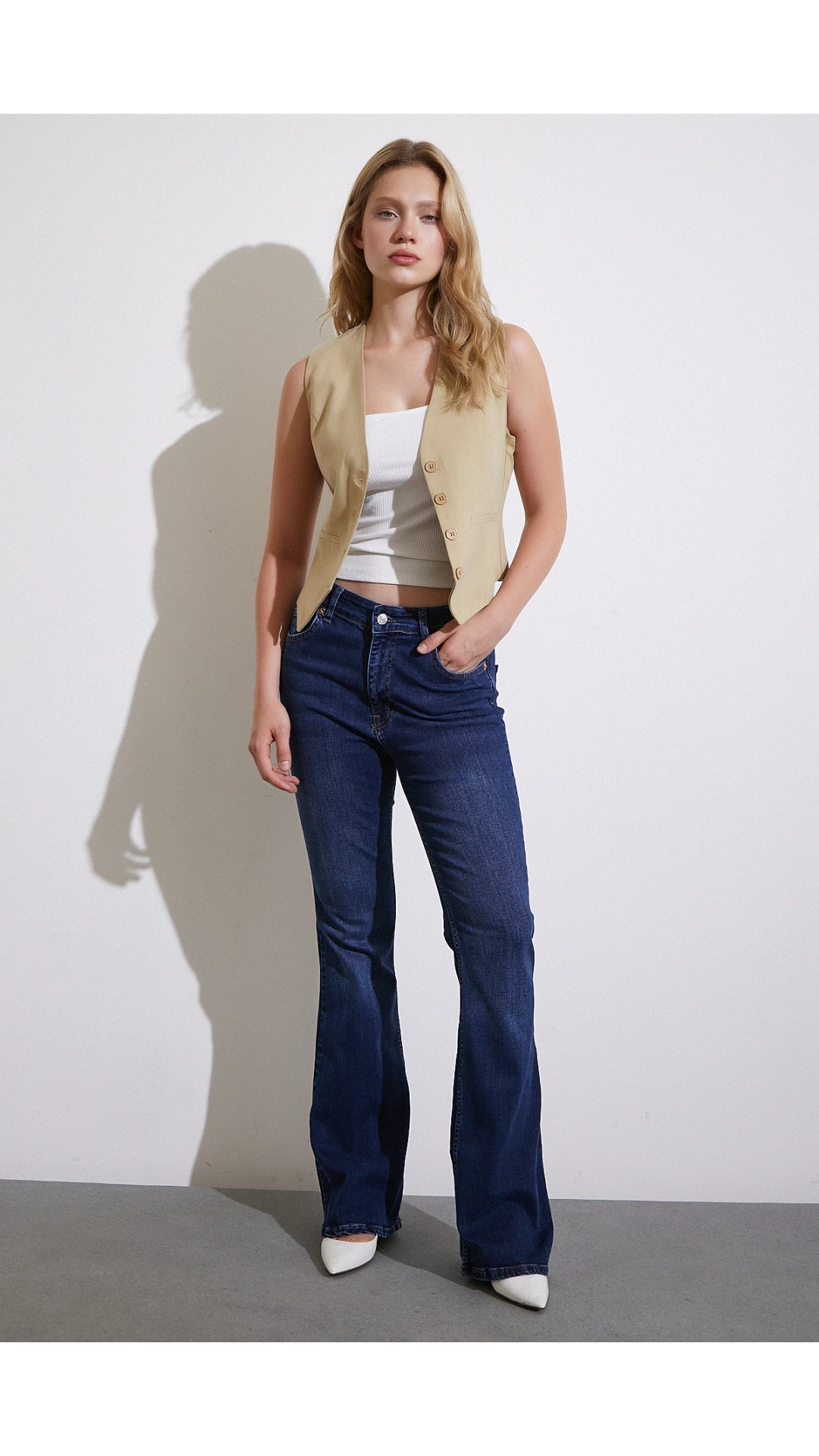 Yüksek Bel İspanyol Paça Jean Koyu Lacivert