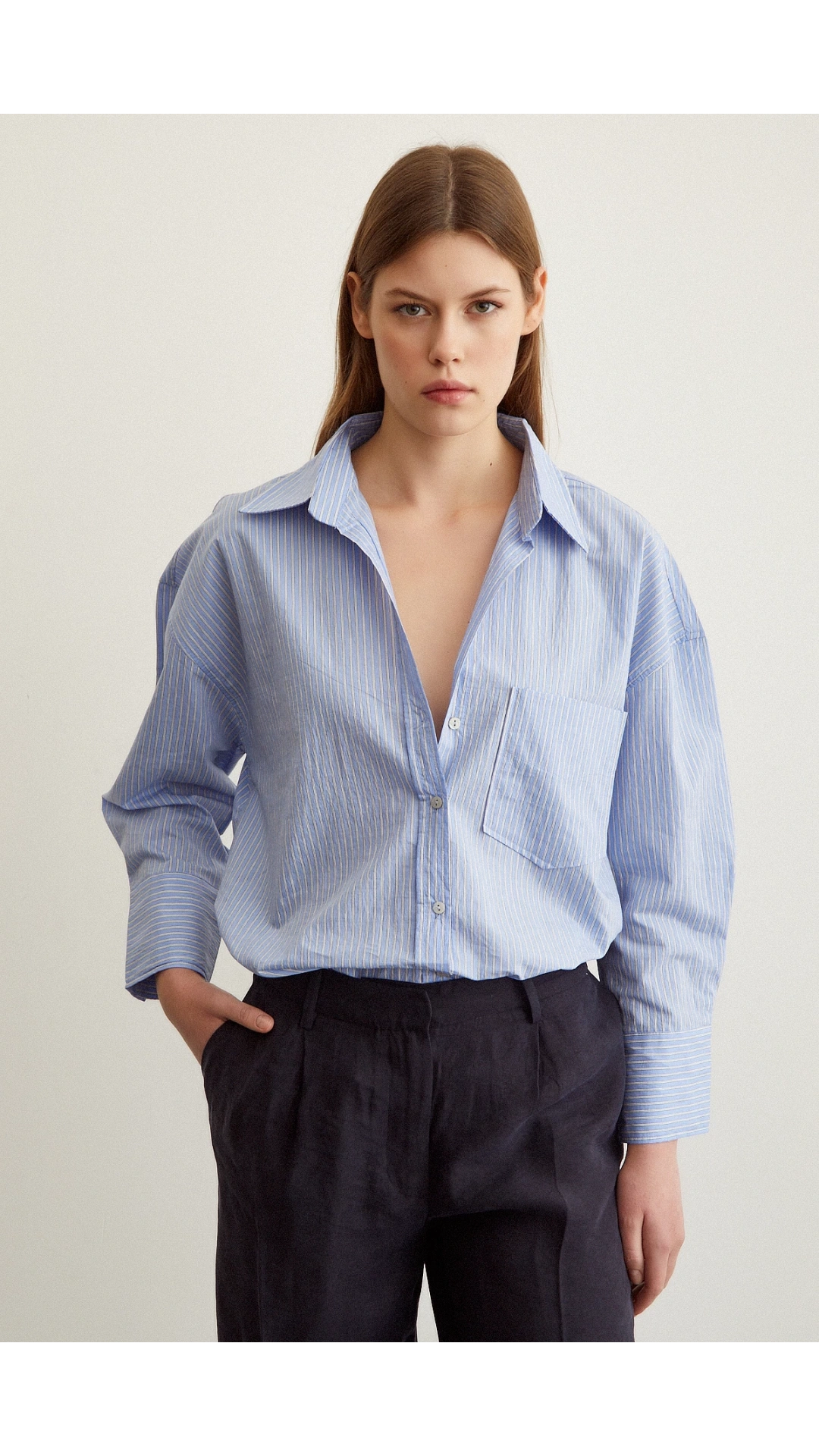 Çizgili Oversize Gömlek Mavi