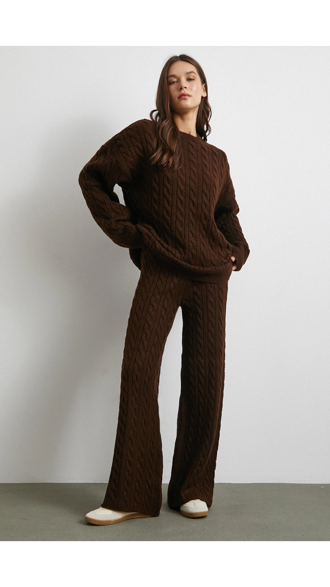 Desenli Şardonlu Triko Takım Kahve