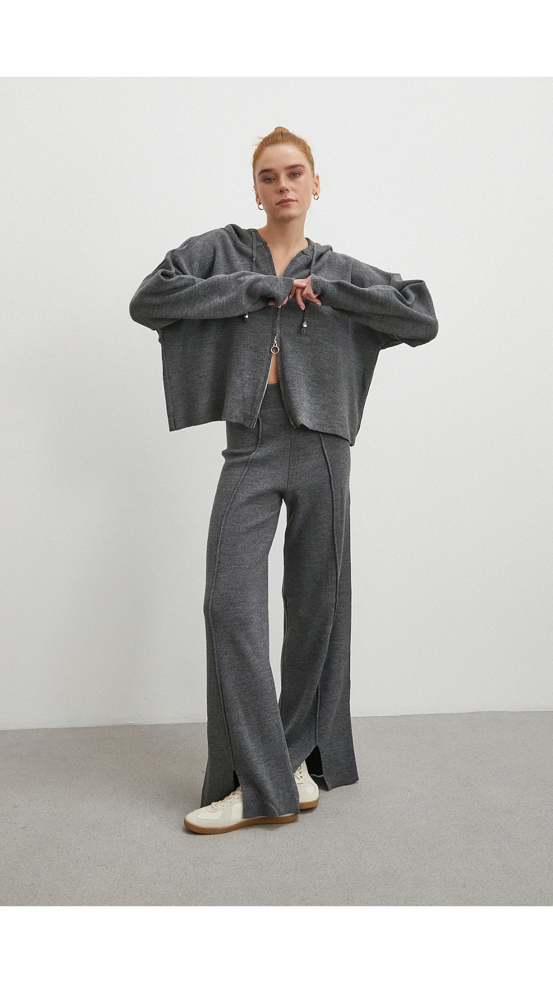Çift Fermuarlı Kapüşonlu Pantolonlu Takım Gri