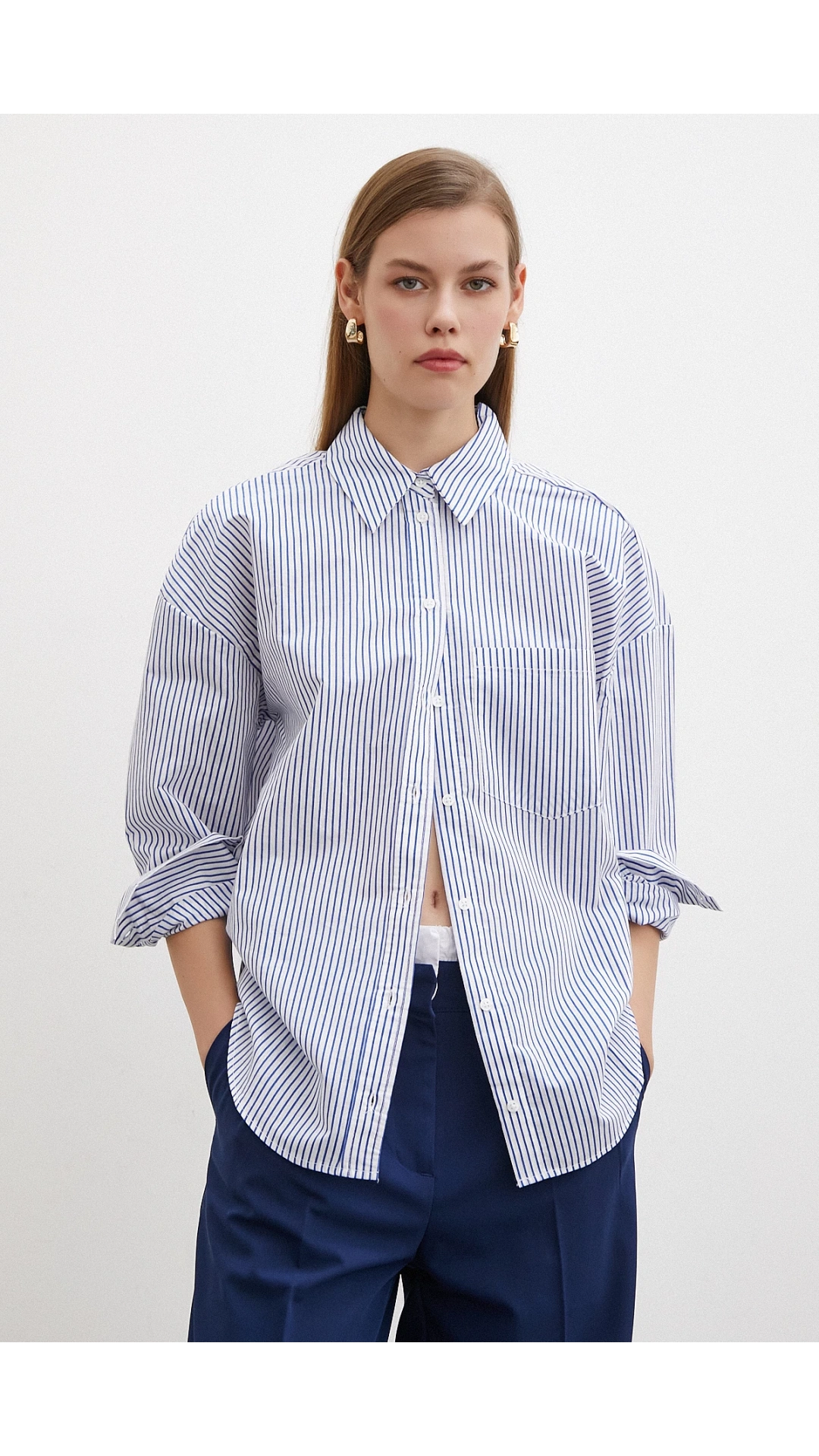 İnce Çizgili Poplin Gömlek Mavi