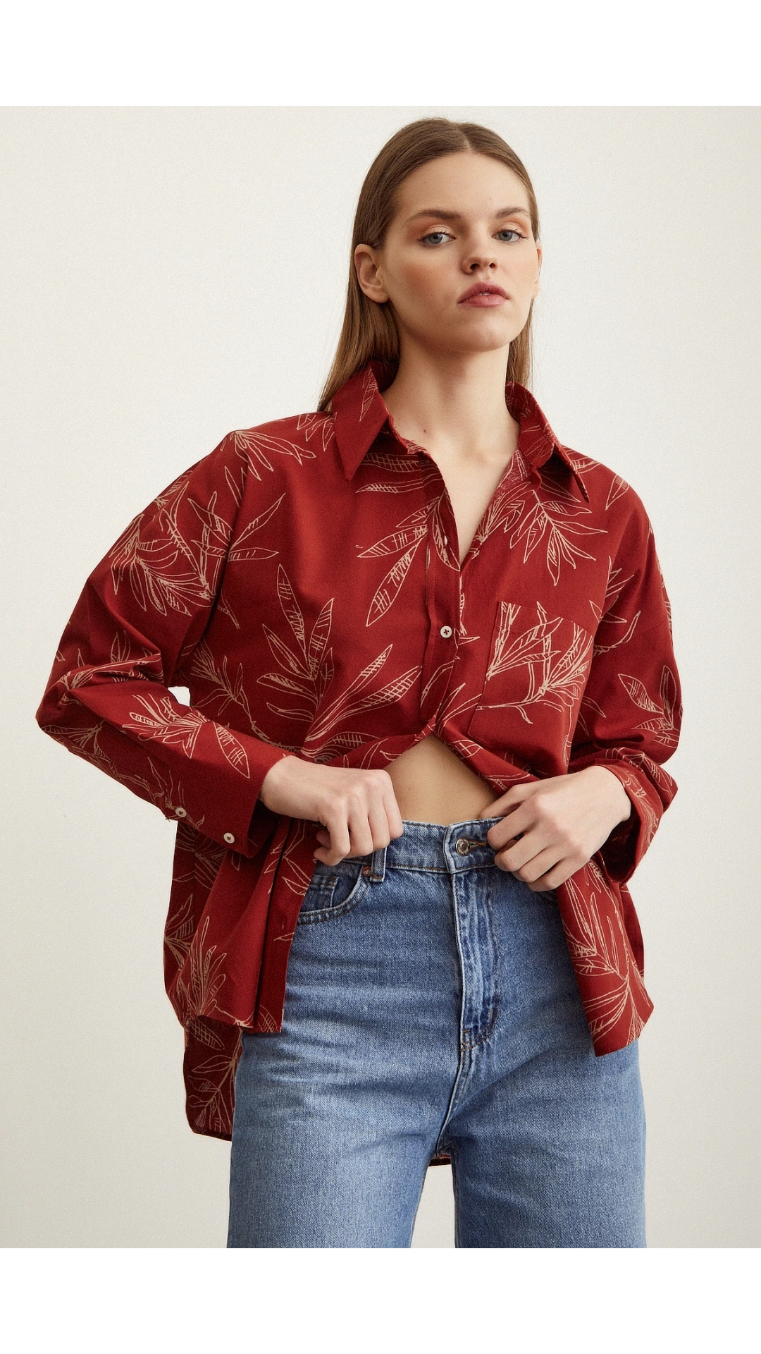 Çiçek Desenli Poplin Gömlek Kiremit