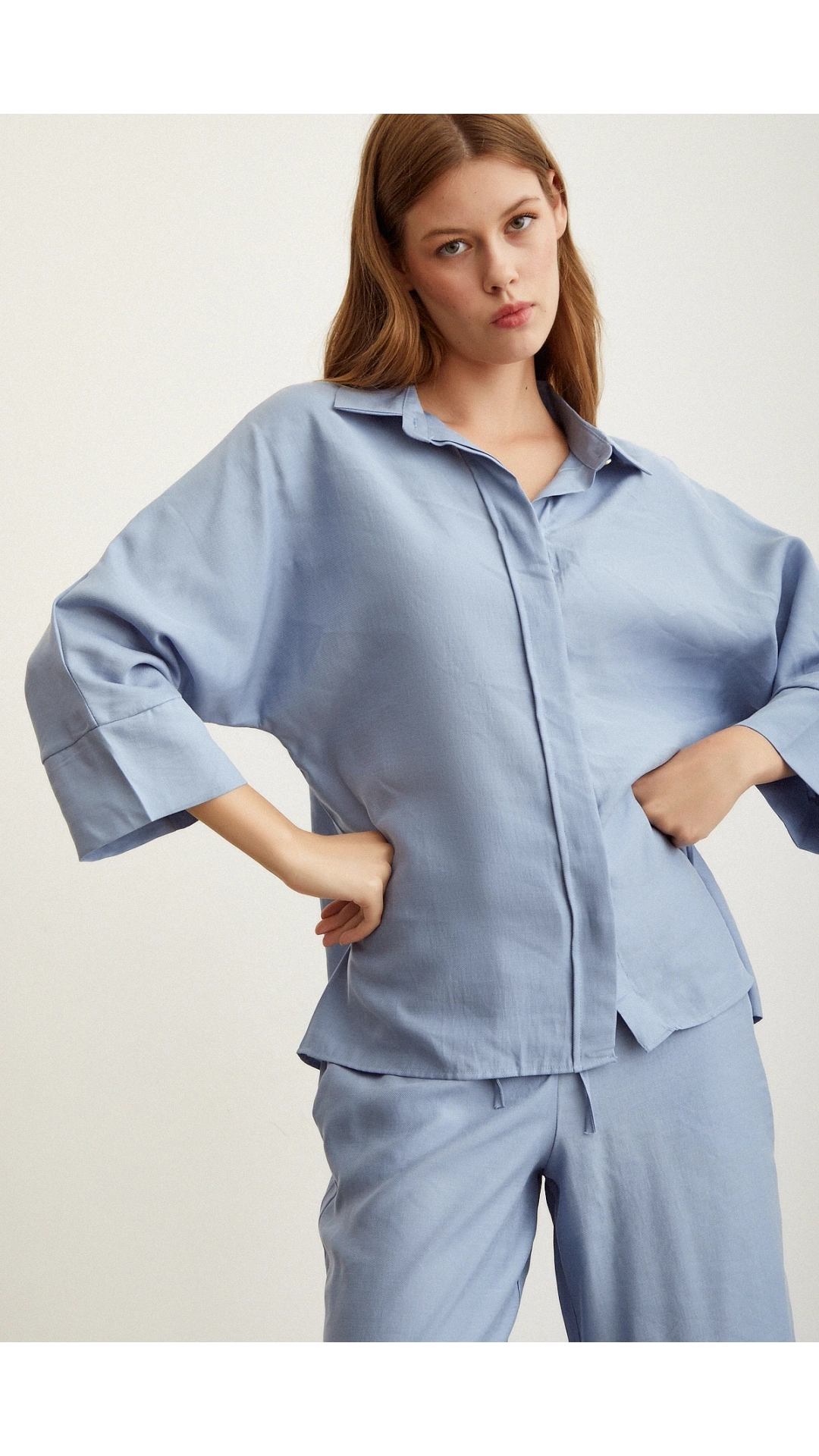 Yarasa Kol Keten Gömlek Mavi