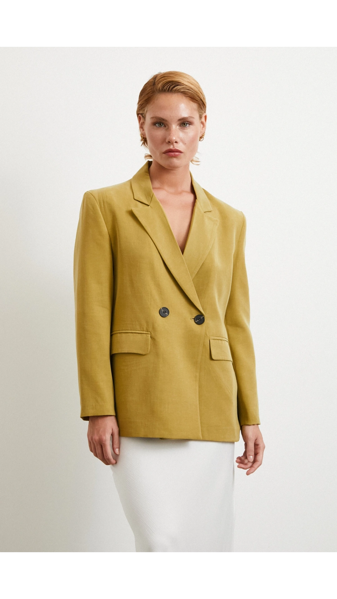 Çift Düğmeli Keten Blazer Ceket Olive