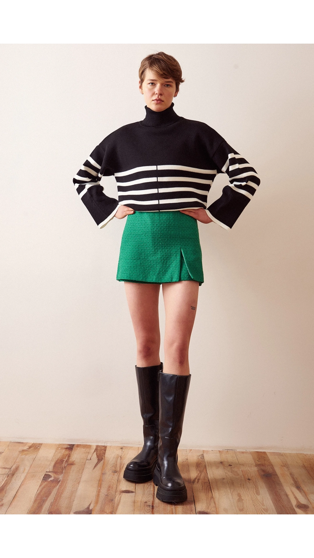 Yırtmaçlı Tweed Şort Etek Yeşil