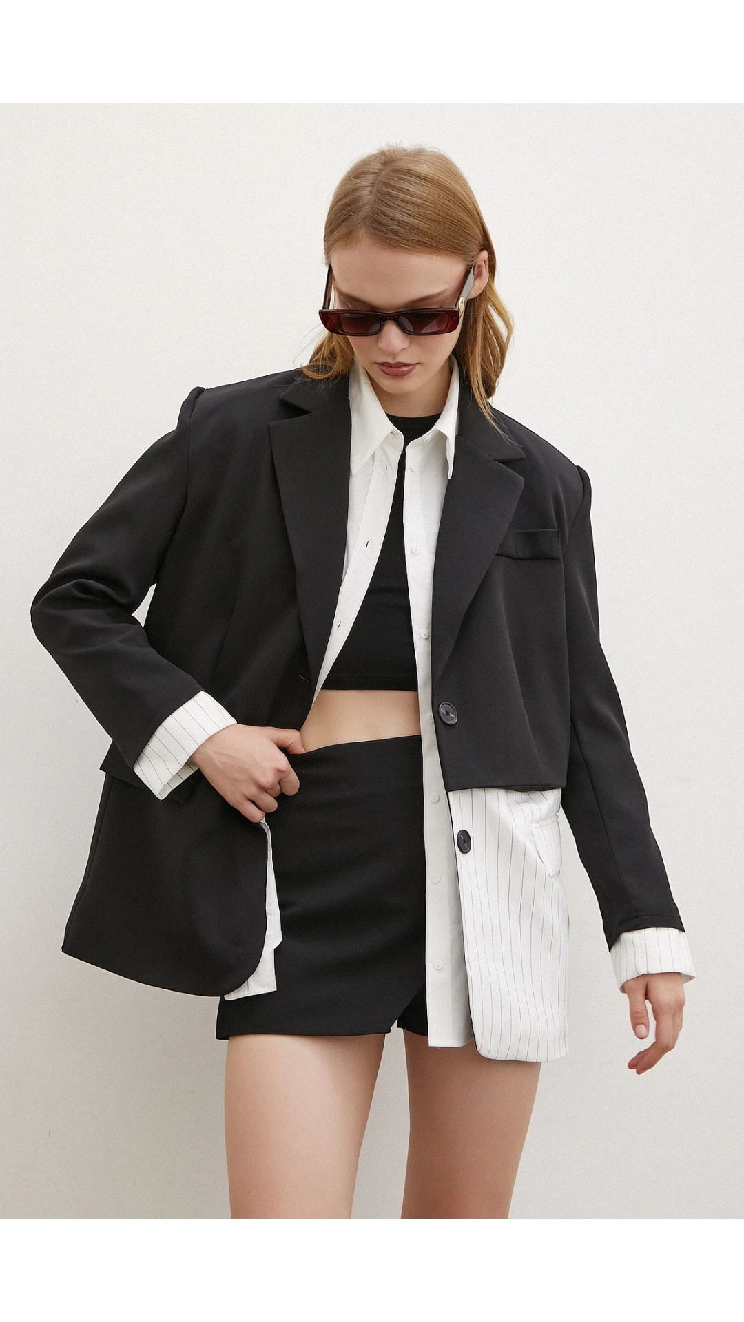 Çizgi Detaylı Çift Düğmeli Blazer Ceket Beyaz