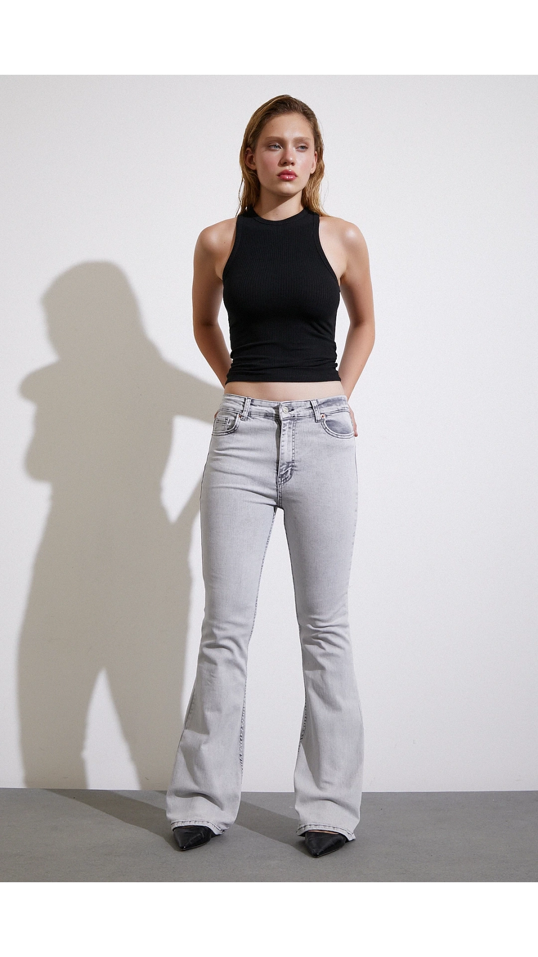 Yüksek Bel İspanyol Paça Jean Gri