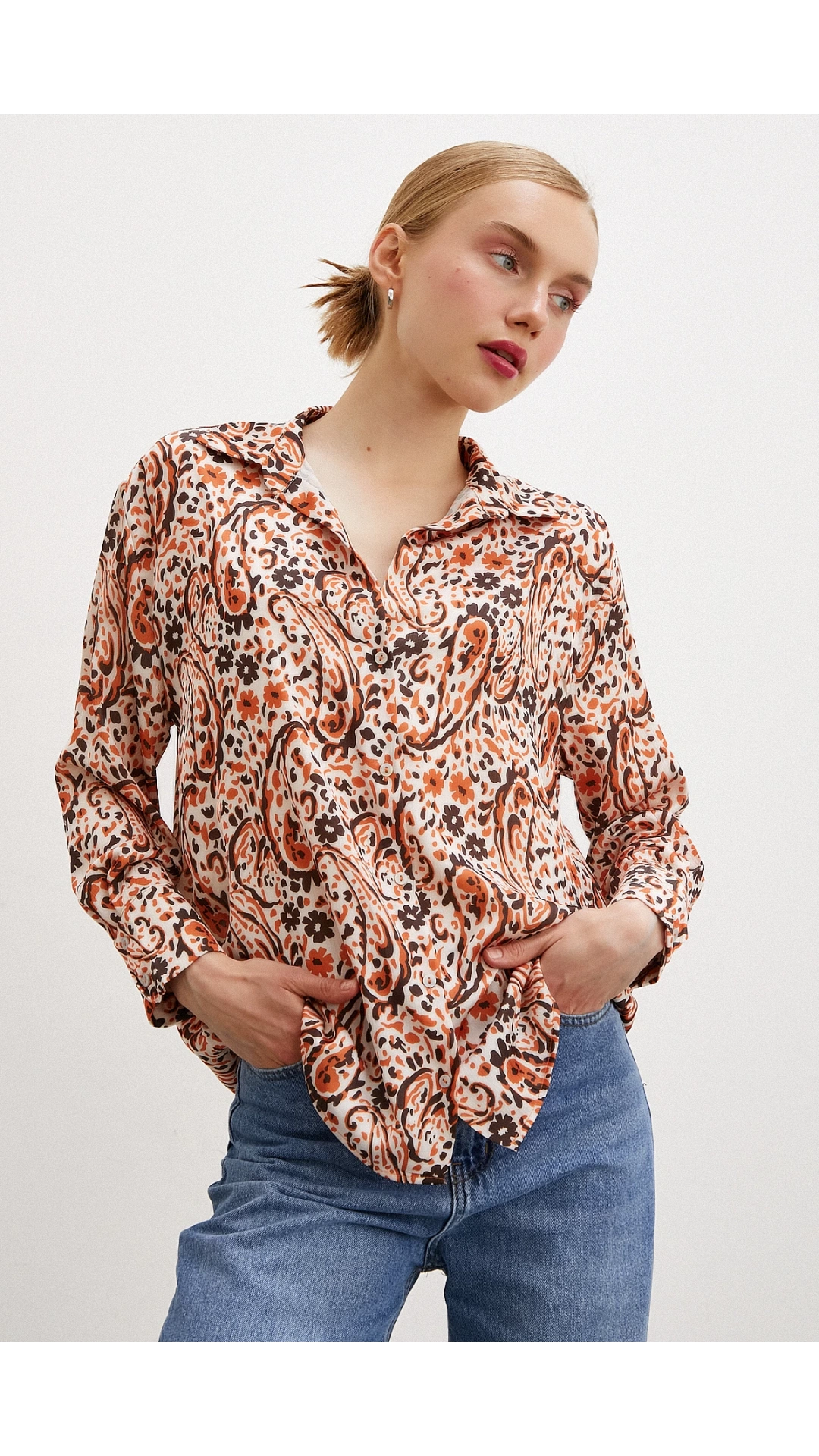 Desenli Gofret Saten Gömlek Oranj