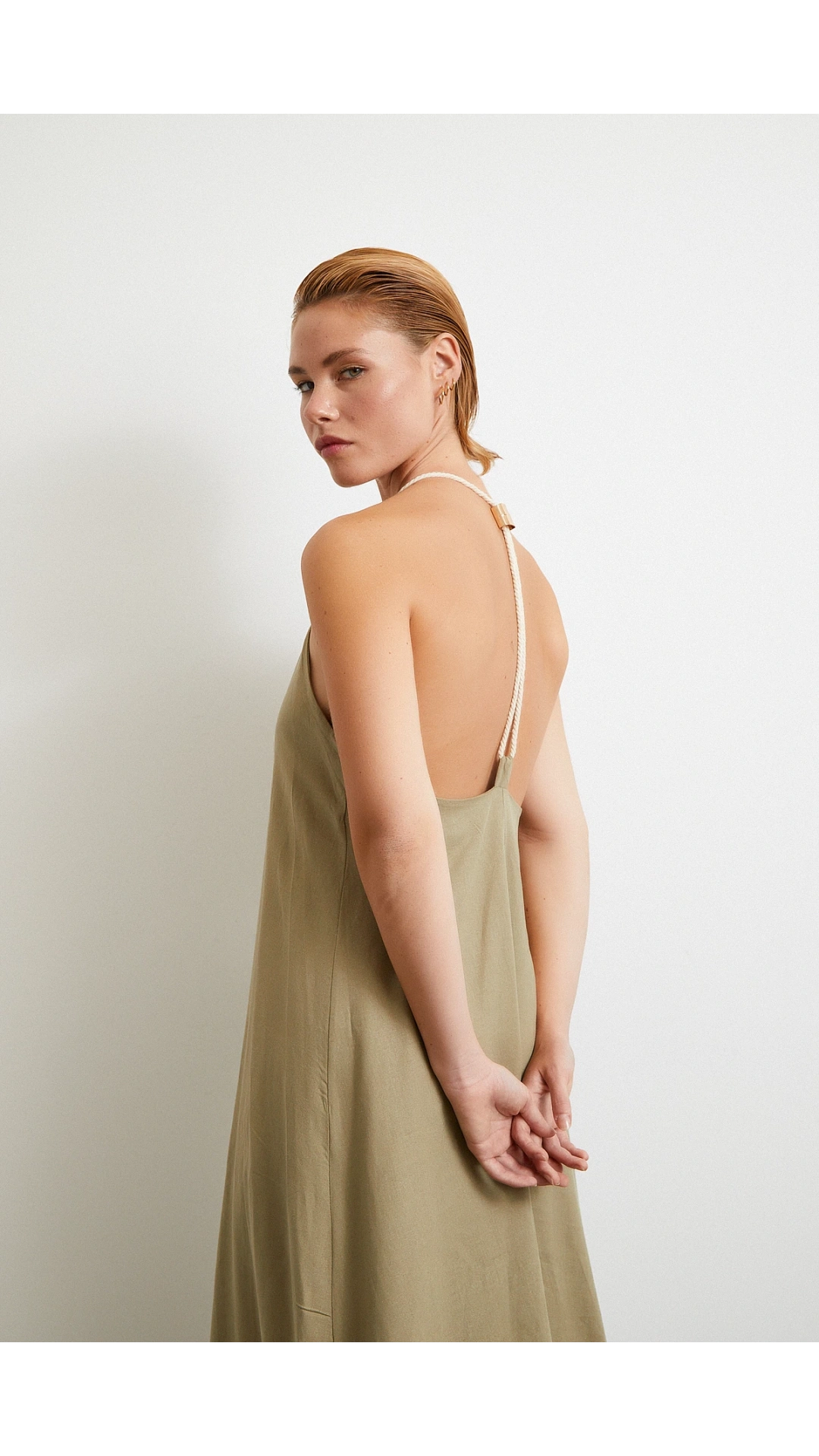 İp Askılı Keten Elbise Haki