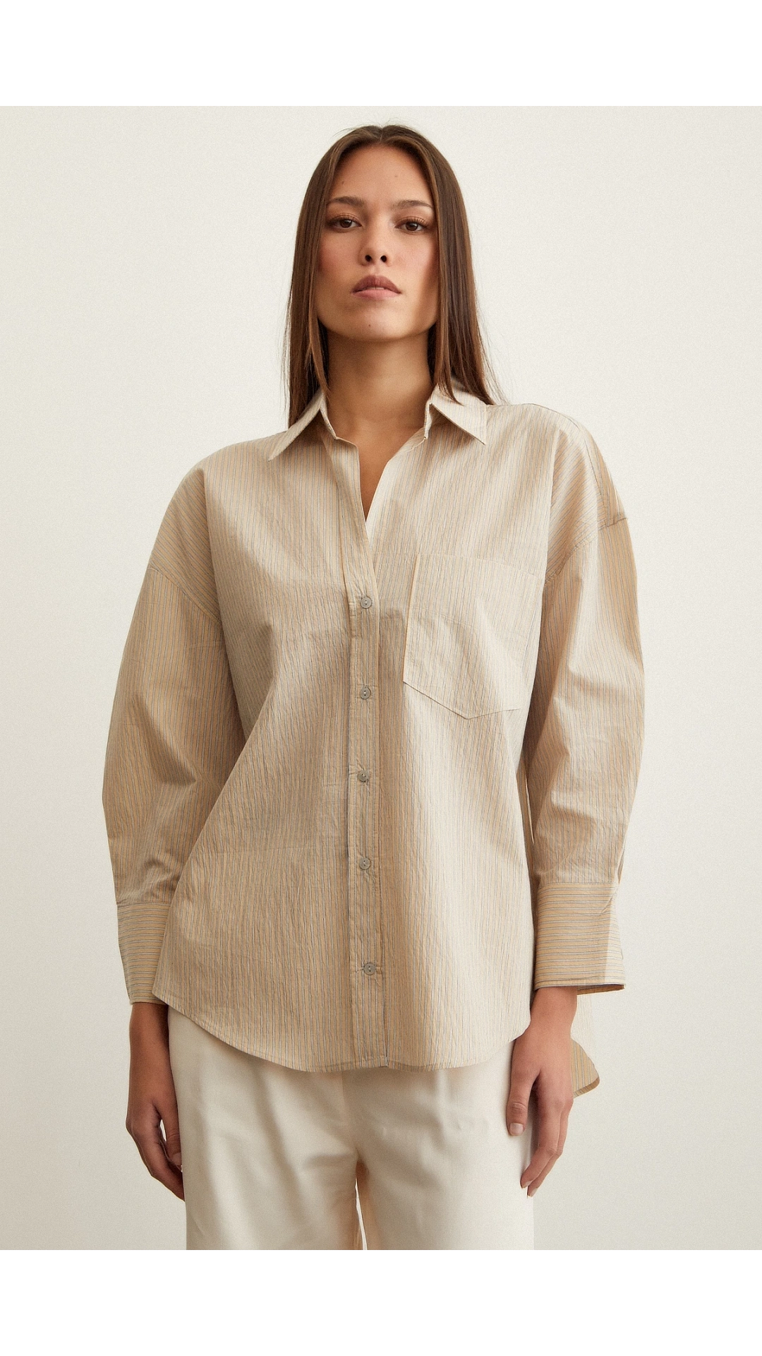 Çizgili Oversize Gömlek Bej