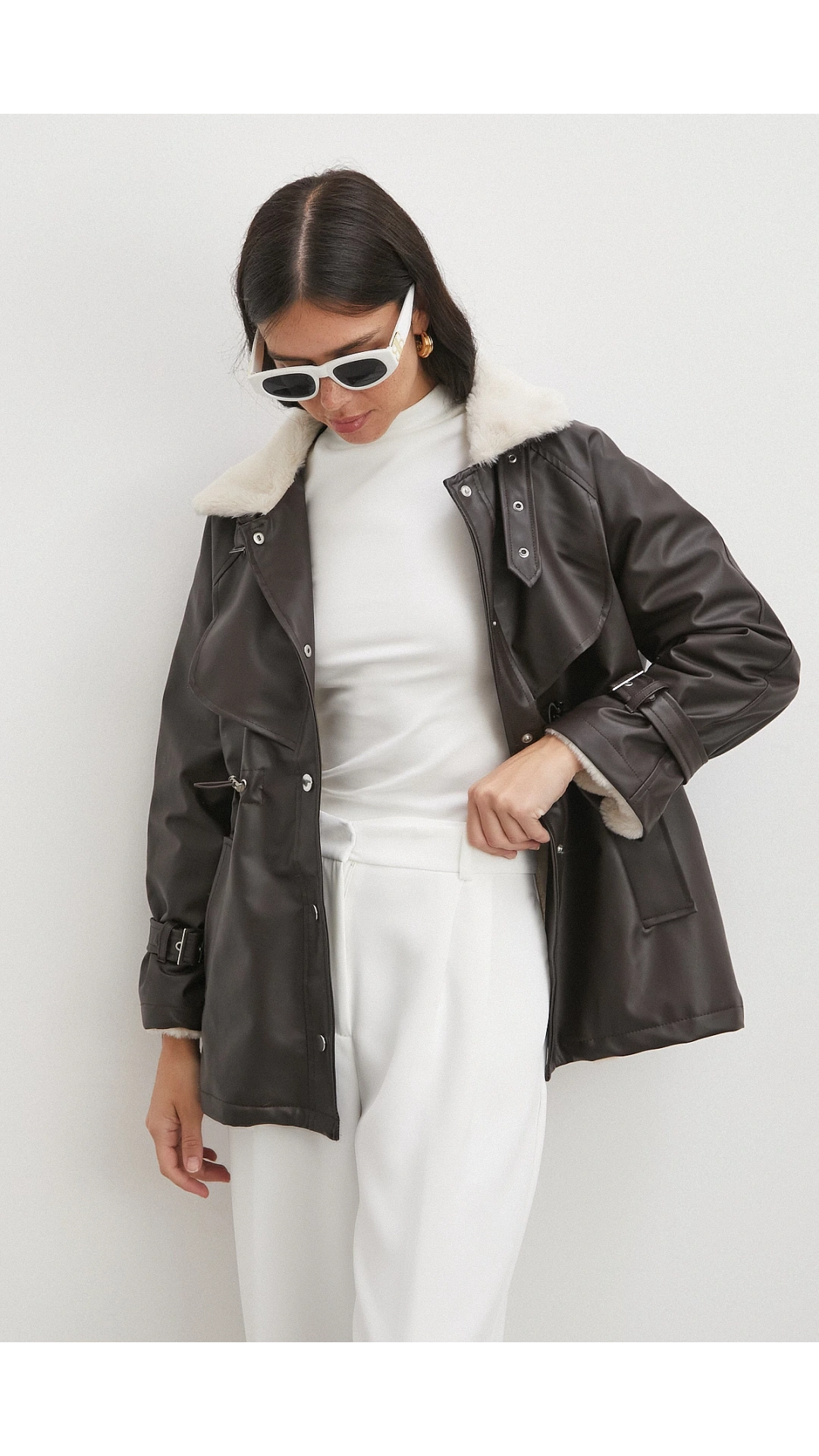 Kürklü Yaka Detaylı Deri Ceket Kahve