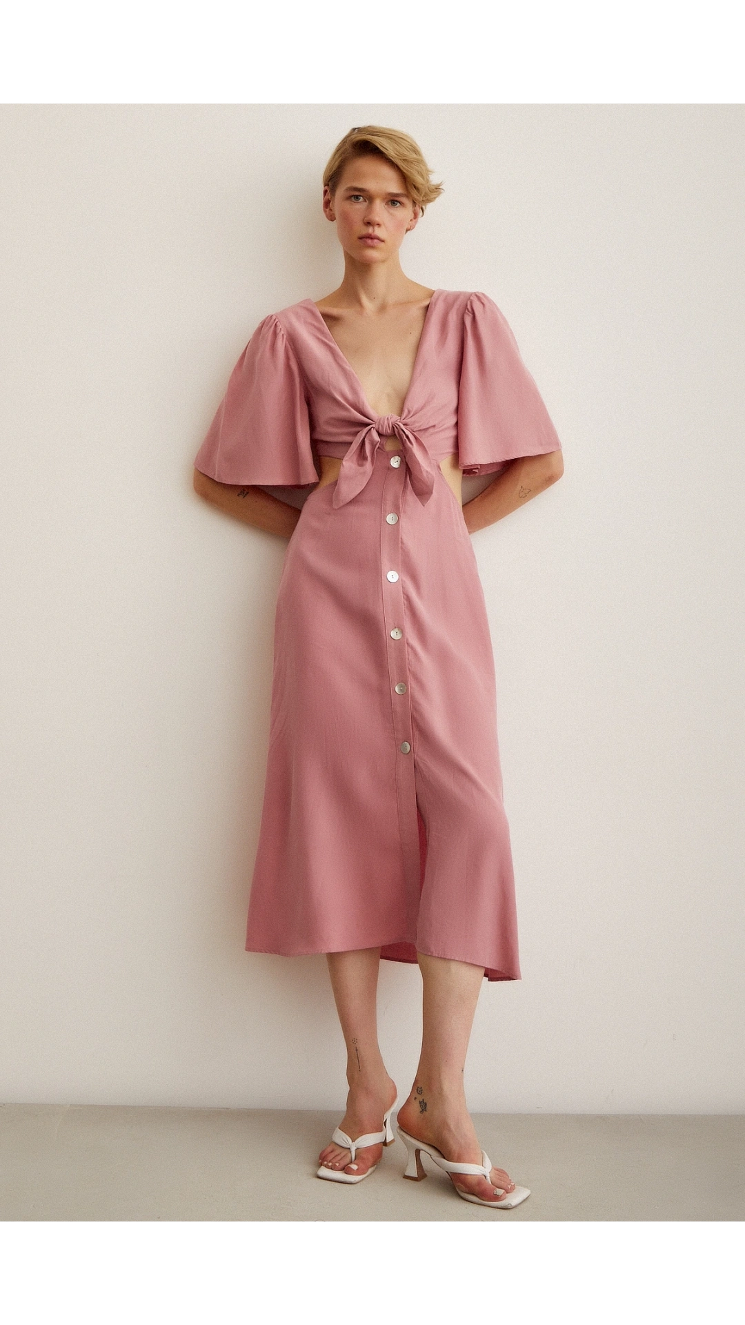 Önü Bağlamalı Balon Omuz Elbise Gül Kurusu