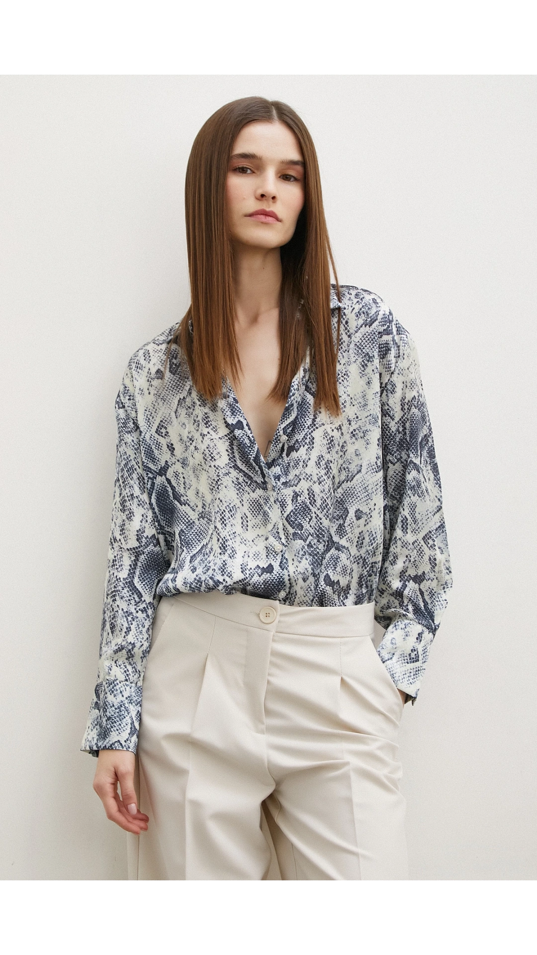 Yılan Desen Saten Gömlek Gri